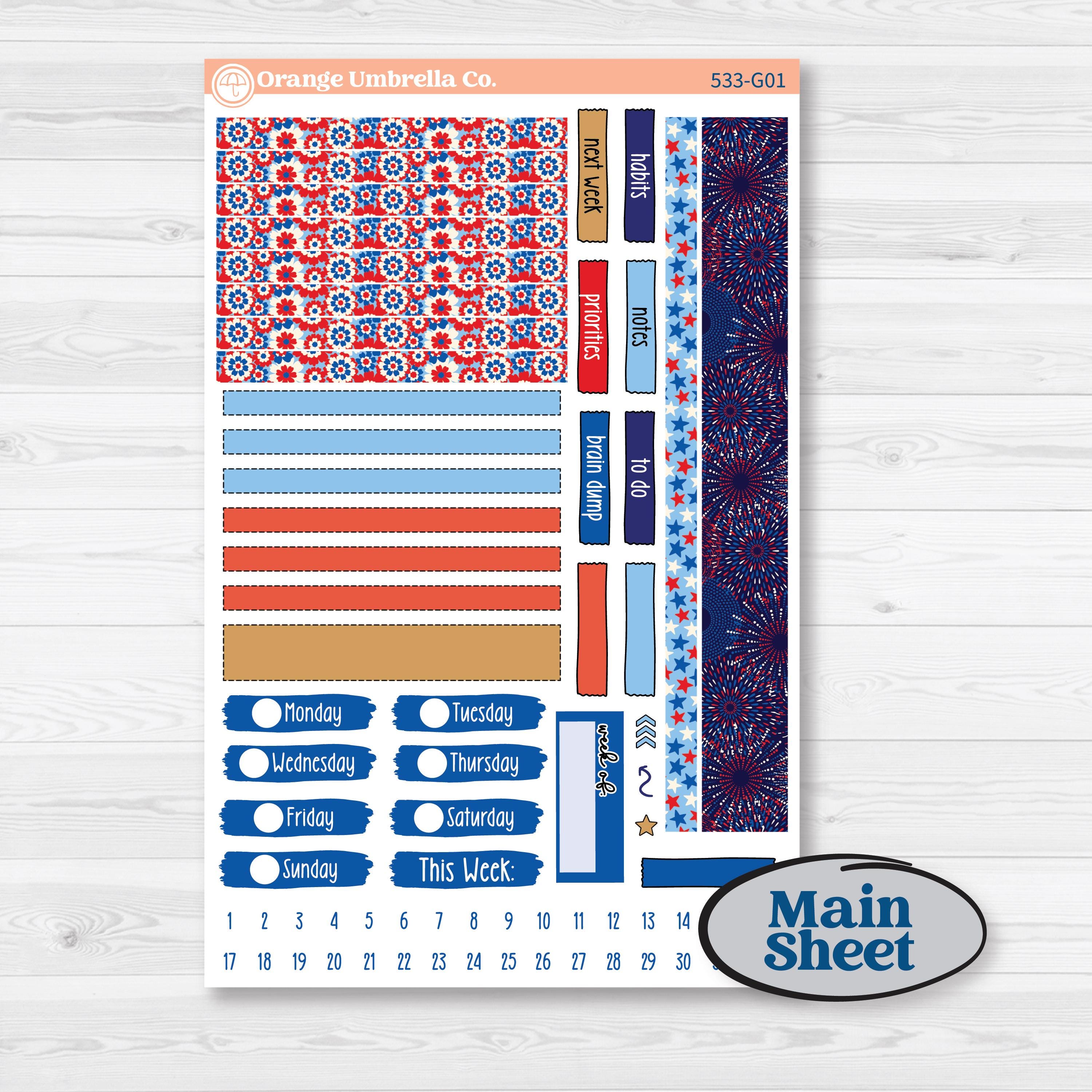 Fourth of July | Erin Condren 7x9 Weekly Dashboard Planner Kit Stickers | Red White & Kaboom | KIT-533-G