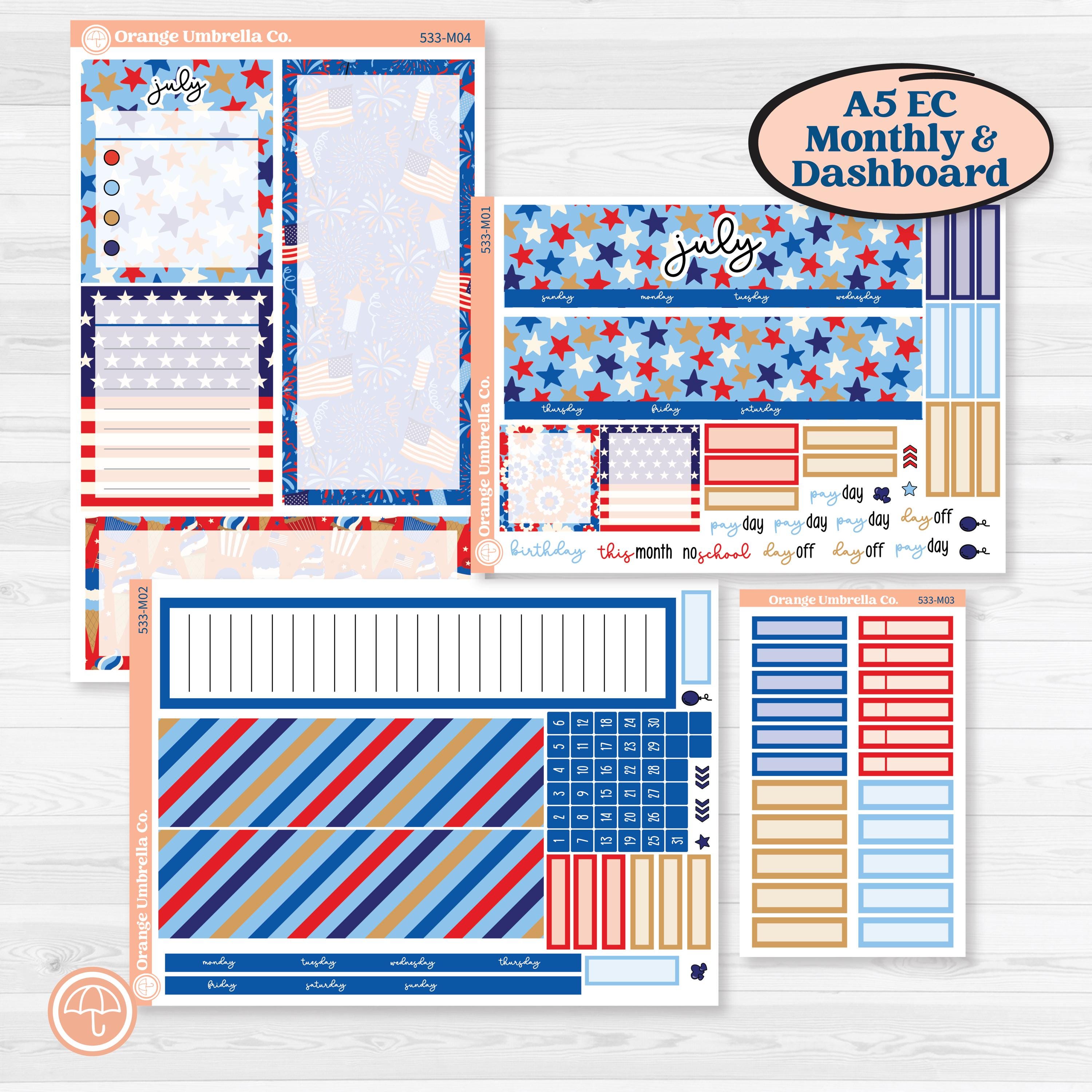 Fourth of July | A5 Erin Condren Monthly + Productivity Dashboard Sticker Kit | Red White & Kaboom | KIT-533-M