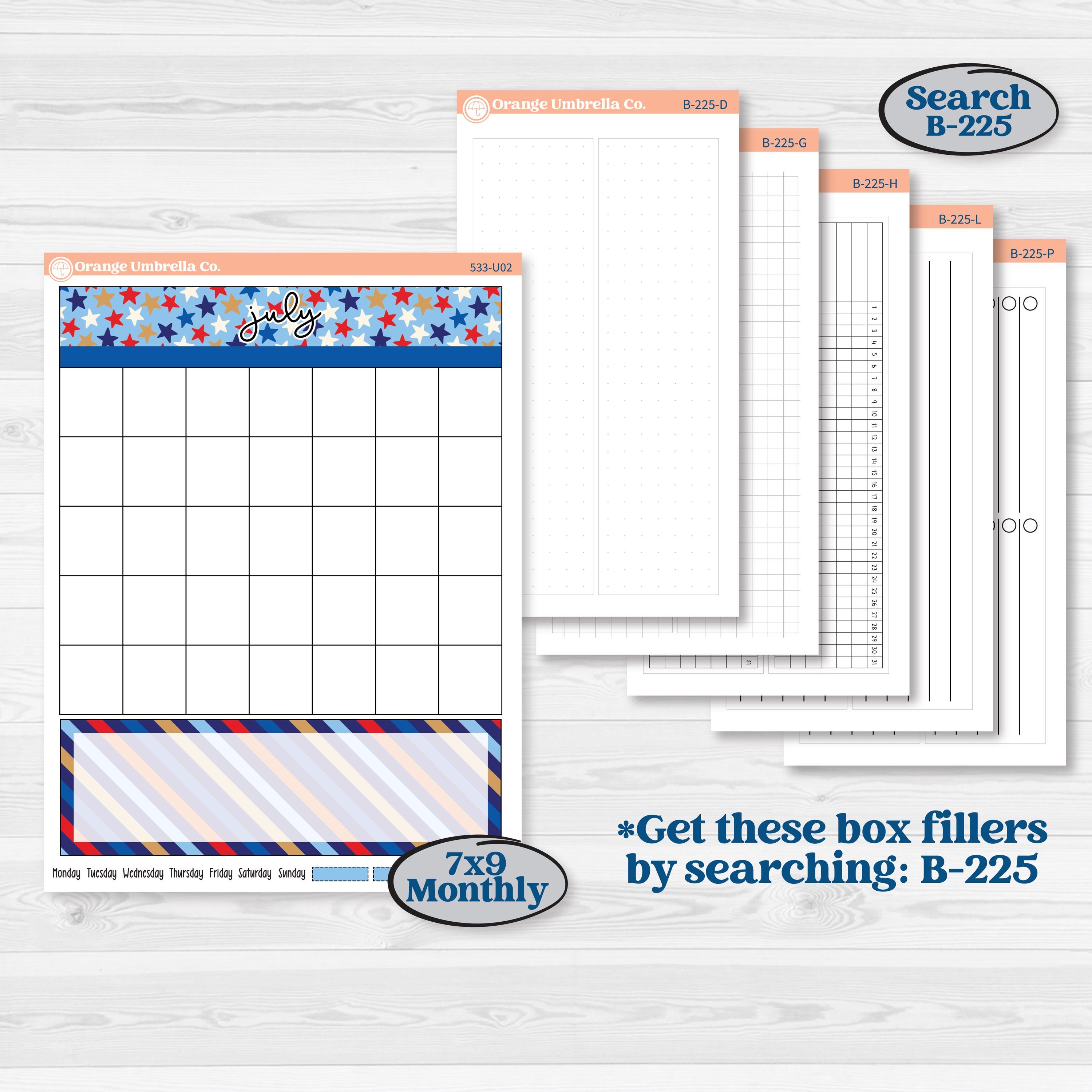 Fourth of July | A5 7x9 Create Your Own Monthly or Dashboard Universal | Monthly + Reading Log Sticker Kit | Red White & Kaboom | KIT-533-U