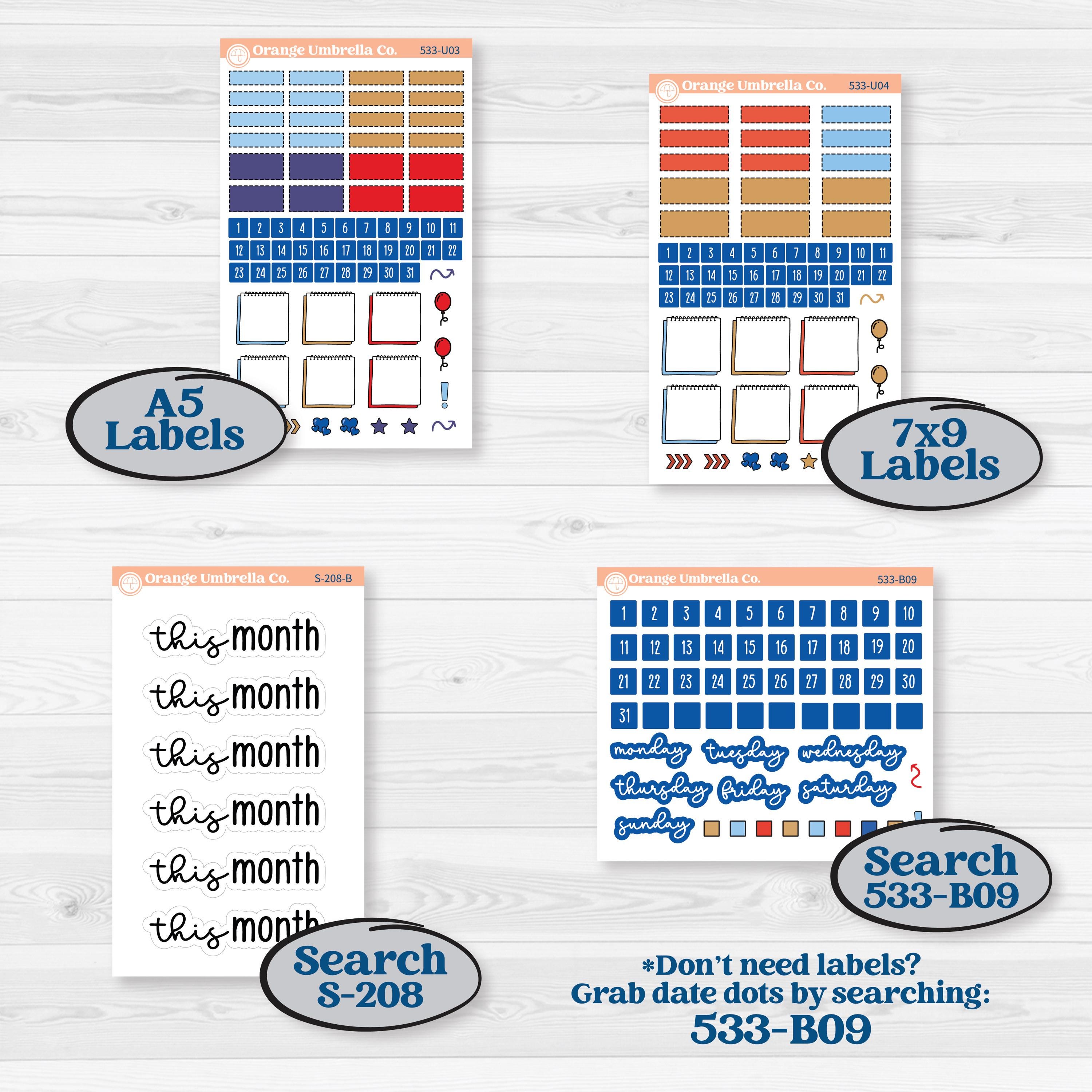 Fourth of July | A5 7x9 Create Your Own Monthly or Dashboard Universal | Monthly + Reading Log Sticker Kit | Red White & Kaboom | KIT-533-U