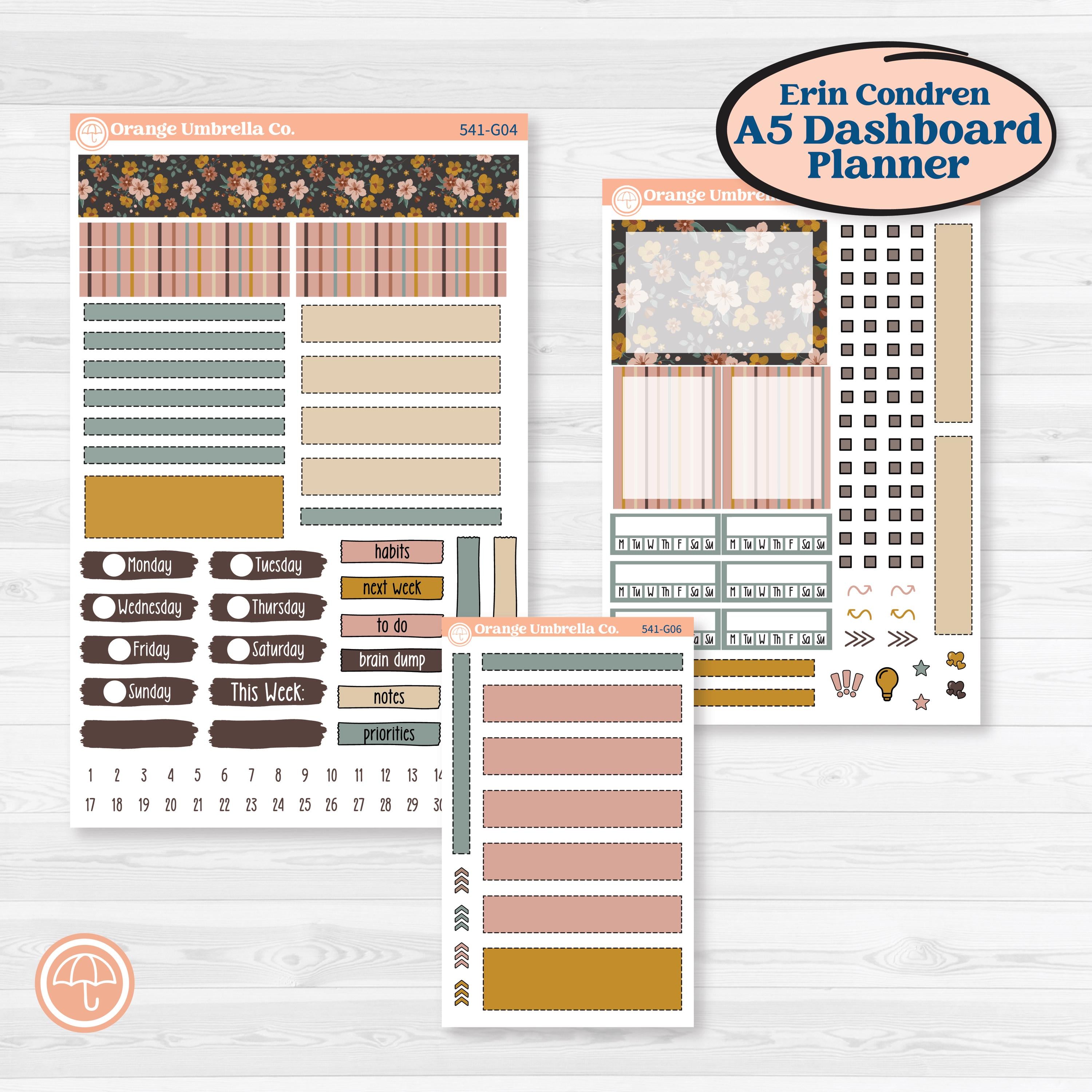 Boho Floral Planner Kit | Erin Condren A5 Weekly Dashboard Planner Kit Stickers | Living Is Easy | KIT-541-G4