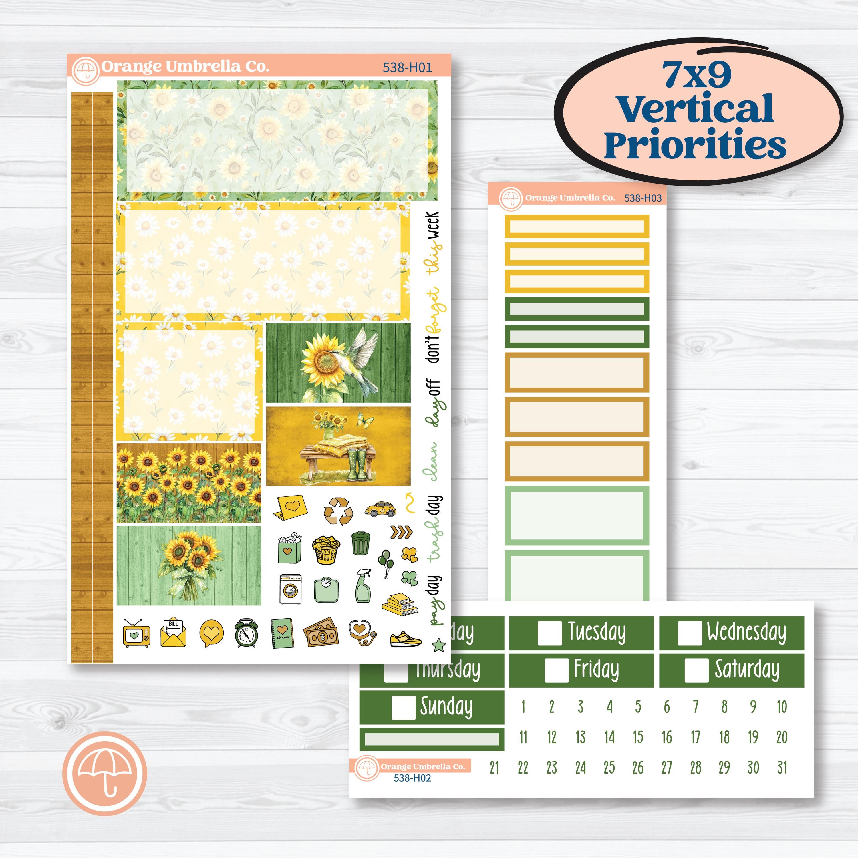 Sunflower Cottage | Plum Vertical Priorities 7x9 Planner Kit Stickers | Sun Blooms | KIT-538-H