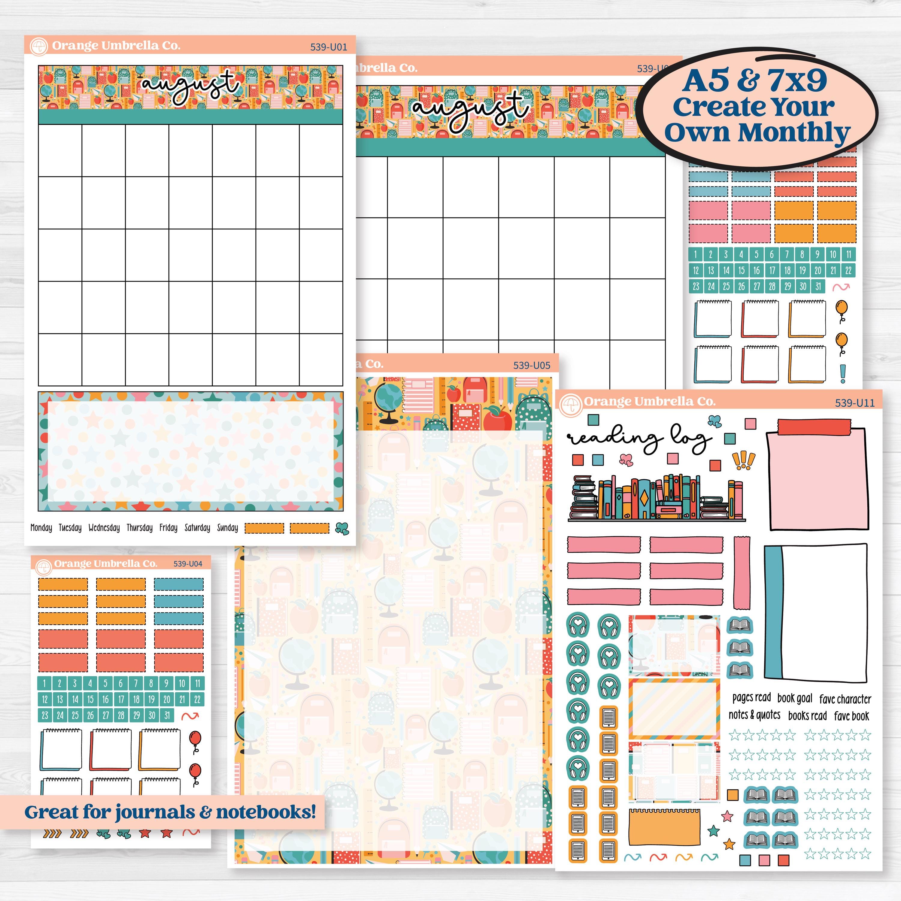 Back To School Kit | A5 or 7x9 Create Your Own Monthly or Dashboard Universal | Monthly & Reading Log Sticker Kit | Level Up | KIT-539-U