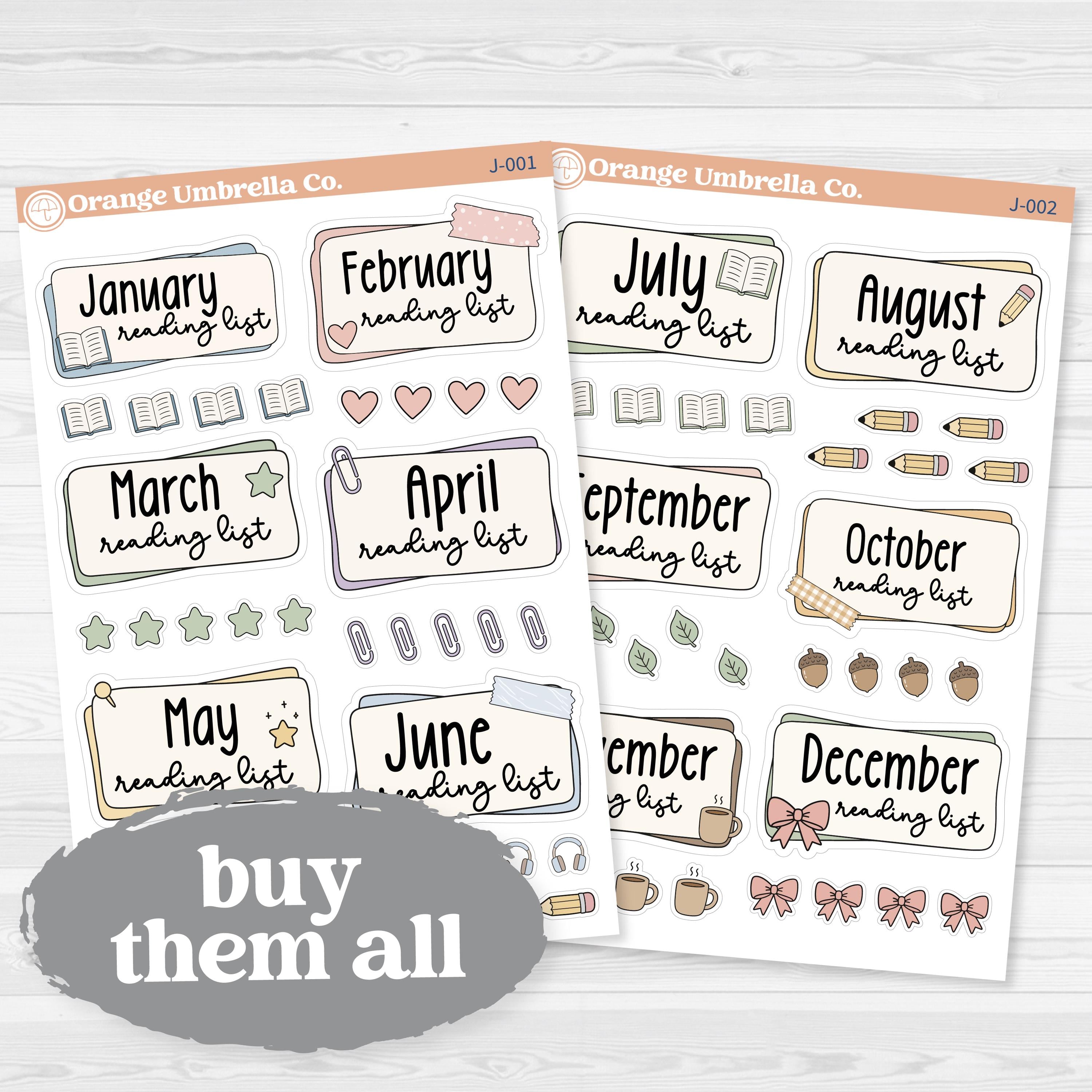 Reading Journal Monthly Reading List Planner Stickers | Reading Tracker Labels | J-001 & J-002