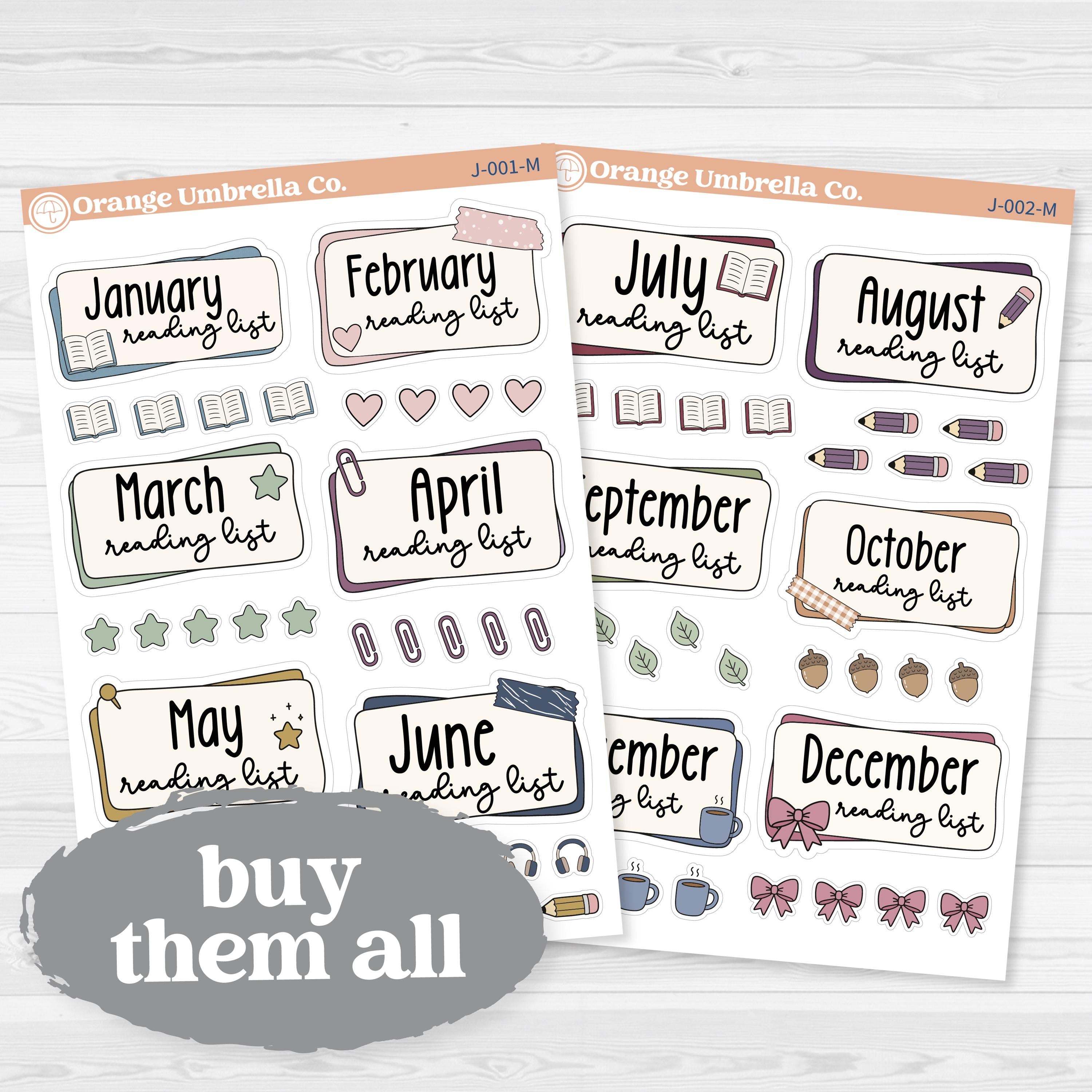 Reading Journal Monthly Reading List Planner Stickers | Reading Tracker Labels | J-001-M & J-002-M