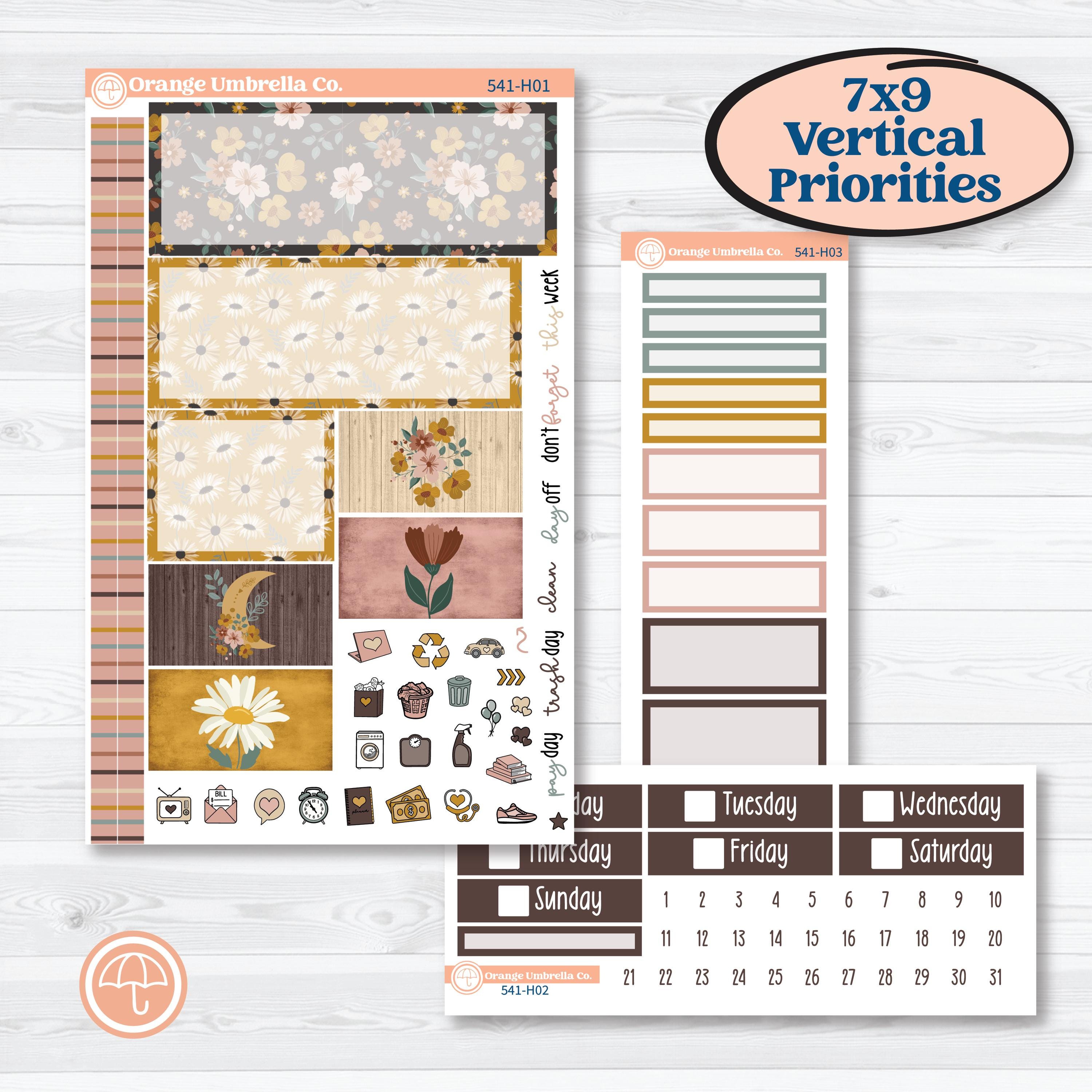 Boho Floral Planner Kit | Plum Vertical Priorities 7x9 Planner Kit Stickers | Living Is Easy | KIT-541-H