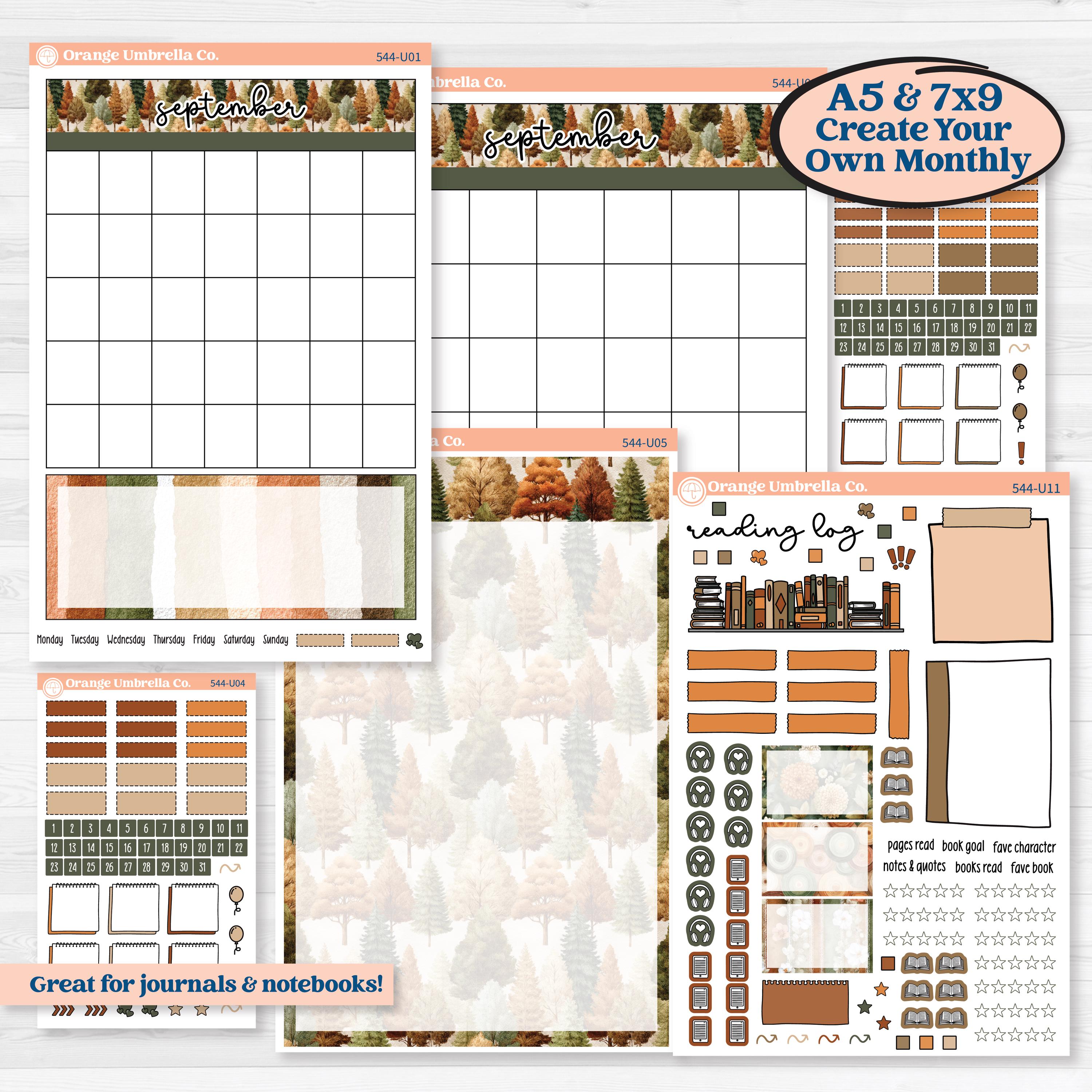 Autumn Woodland Kit | A5 or 7x9 Create Your Own Monthly Dashboard Universal | Monthly & Reading Log Sticker Kit | Autumn Stroll | KIT-544-U