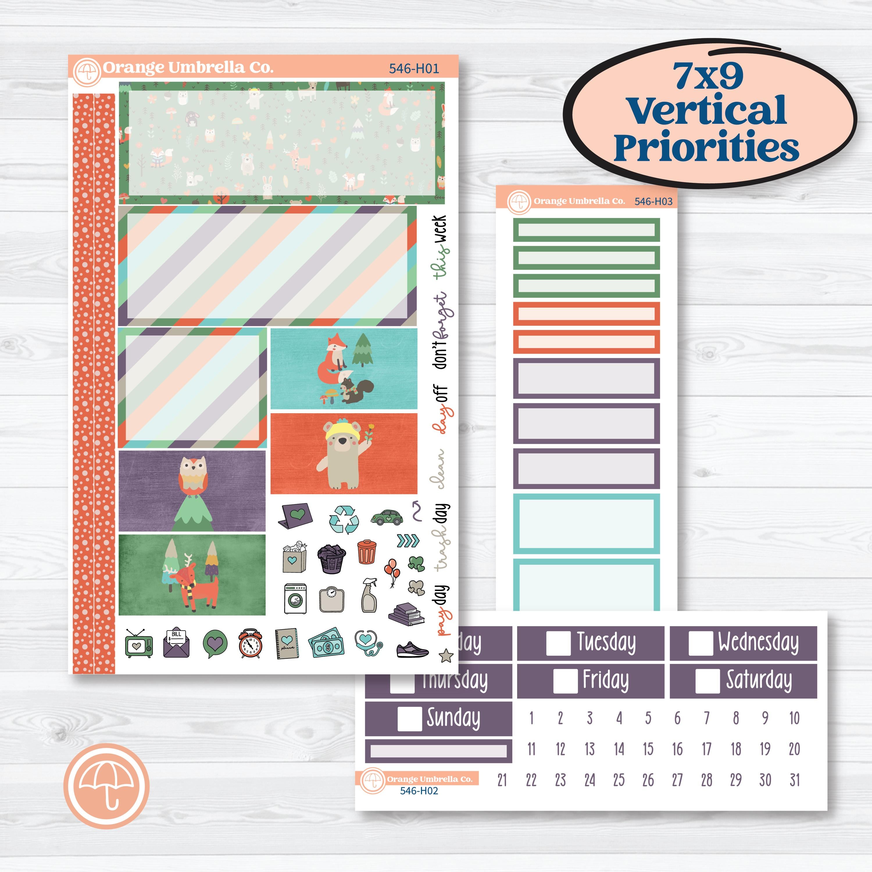 Woodland Animals Kit | Plum Vertical Priorities 7x9 Planner Kit Stickers | Forest Fluffs | KIT-546-H