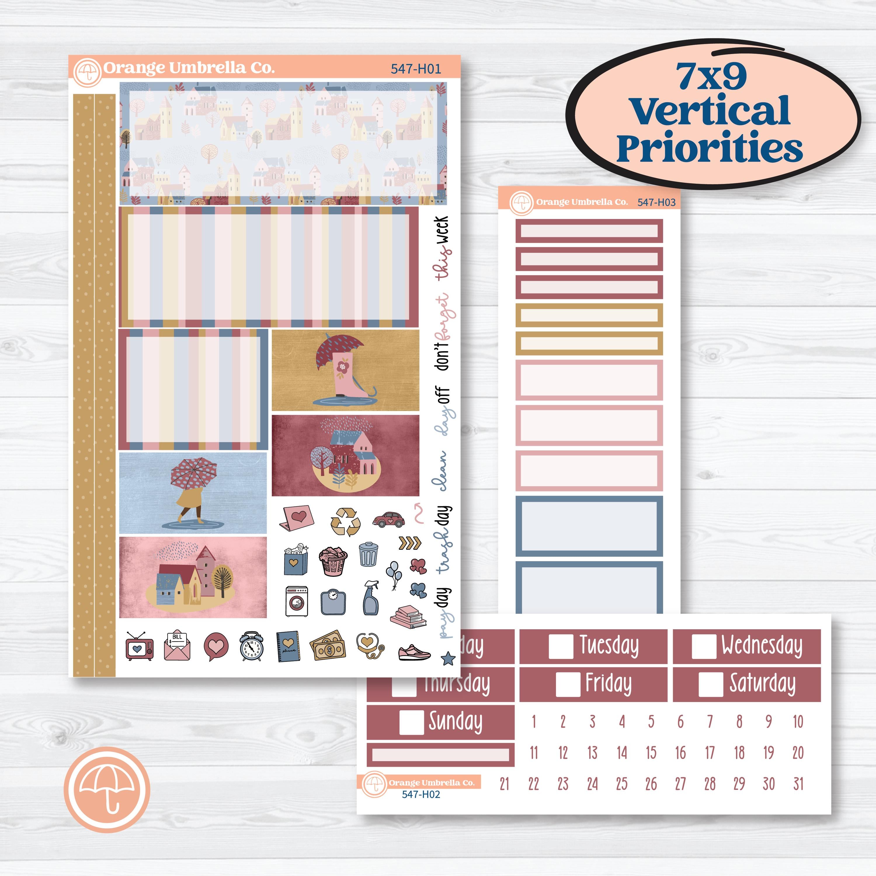 Rainy Autumn Kit | Plum Vertical Priorities 7x9 Planner Kit Stickers | Rain Fall | KIT-547-H