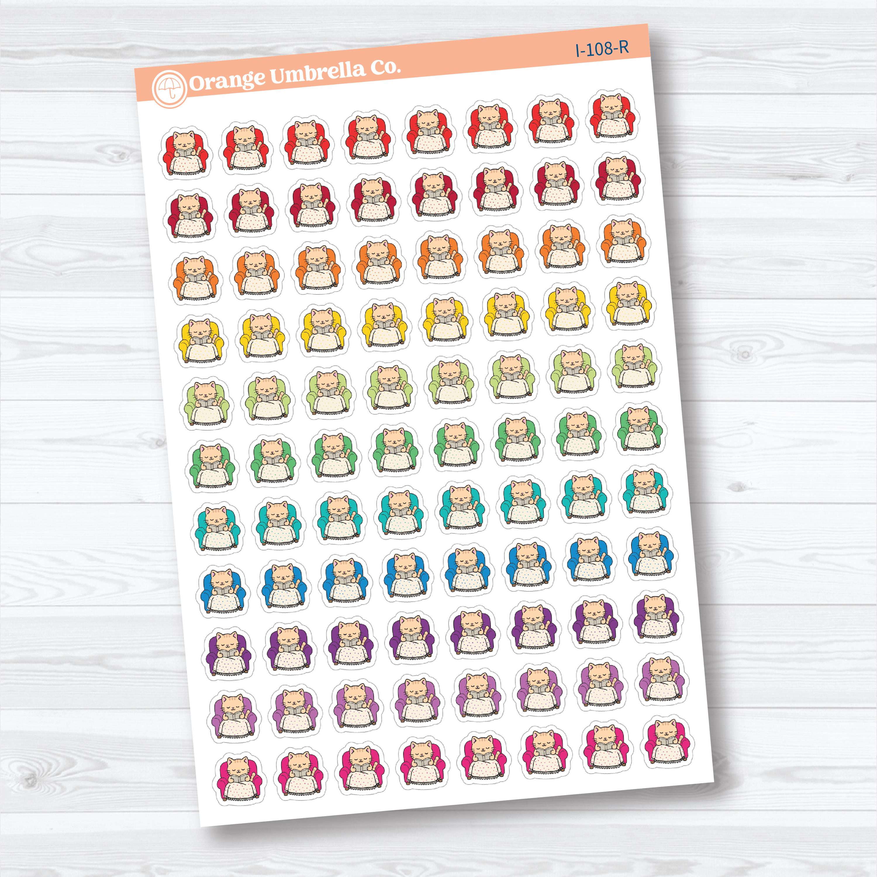 Mini Cozy Reading Spazz | Reading Cat Character Planner Stickers | I-108
