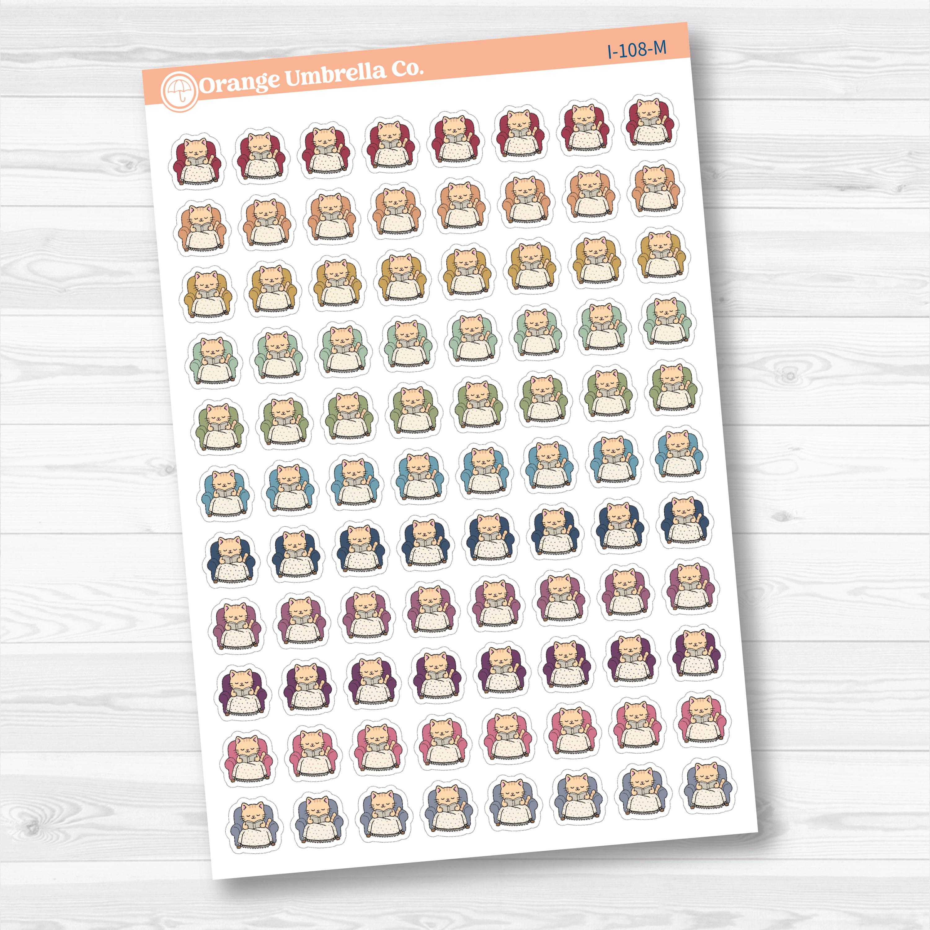 Mini Cozy Reading Spazz | Reading Cat Character Planner Stickers | I-108