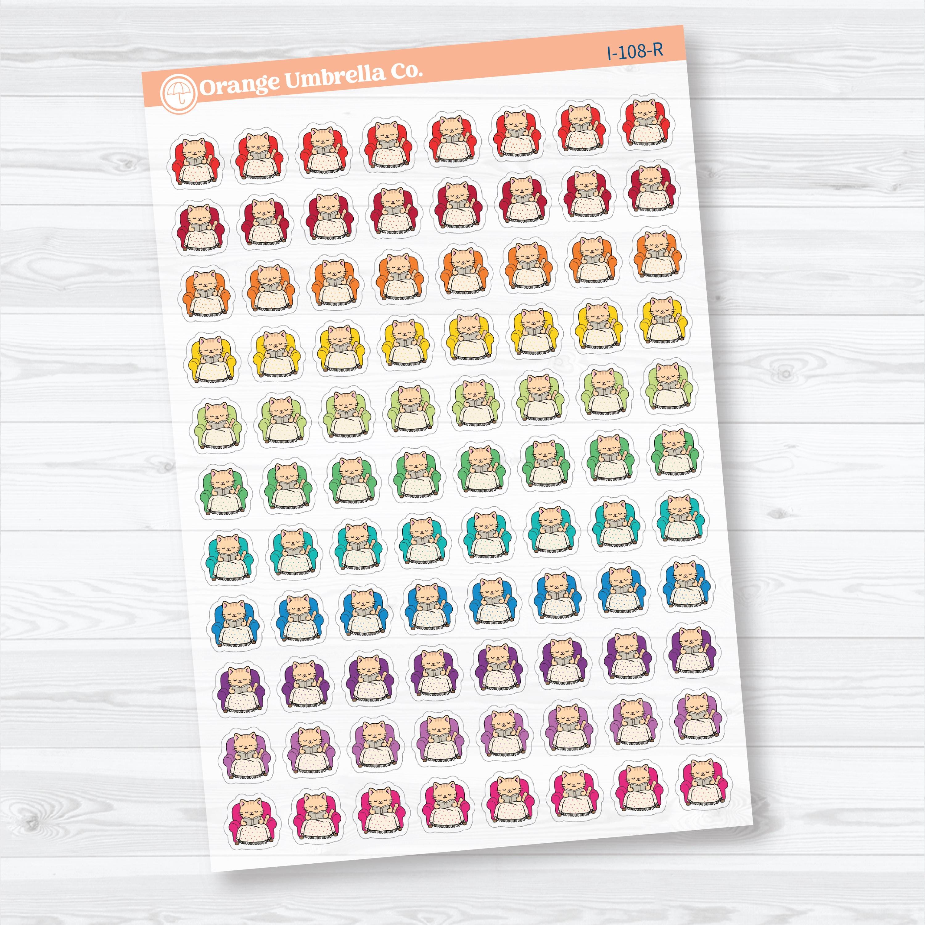 Mini Cozy Reading Spazz | Clear Matte Reading Cat Character Planner Stickers | I-108-CM