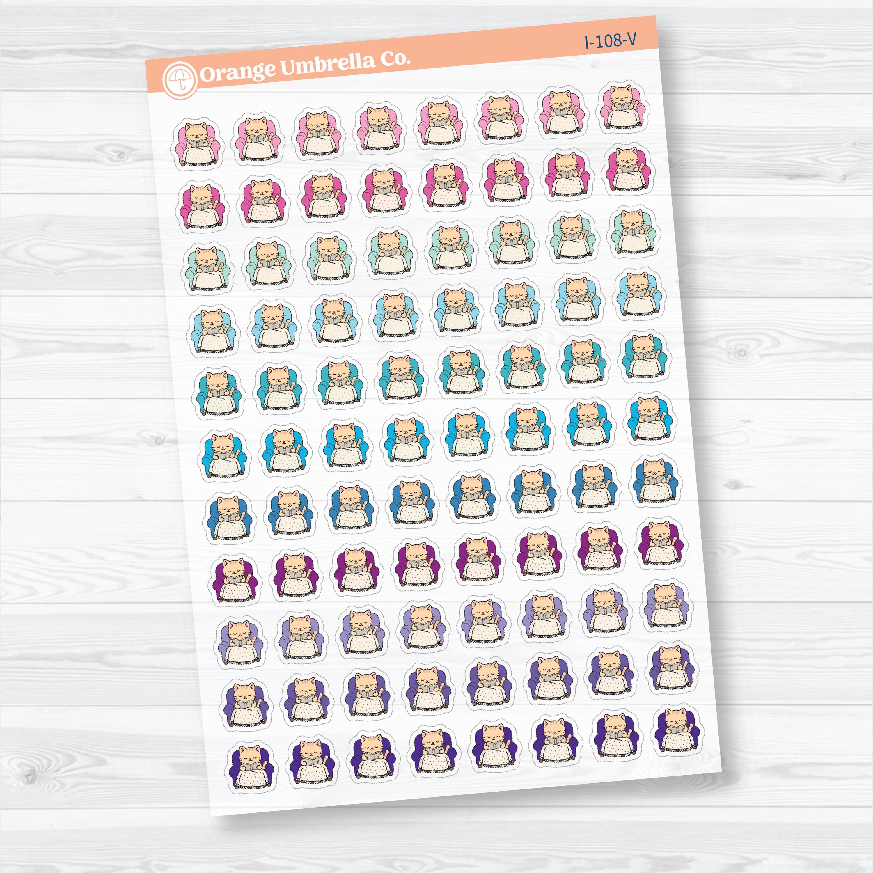 Mini Cozy Reading Spazz | Clear Matte Reading Cat Character Planner Stickers | I-108-CM
