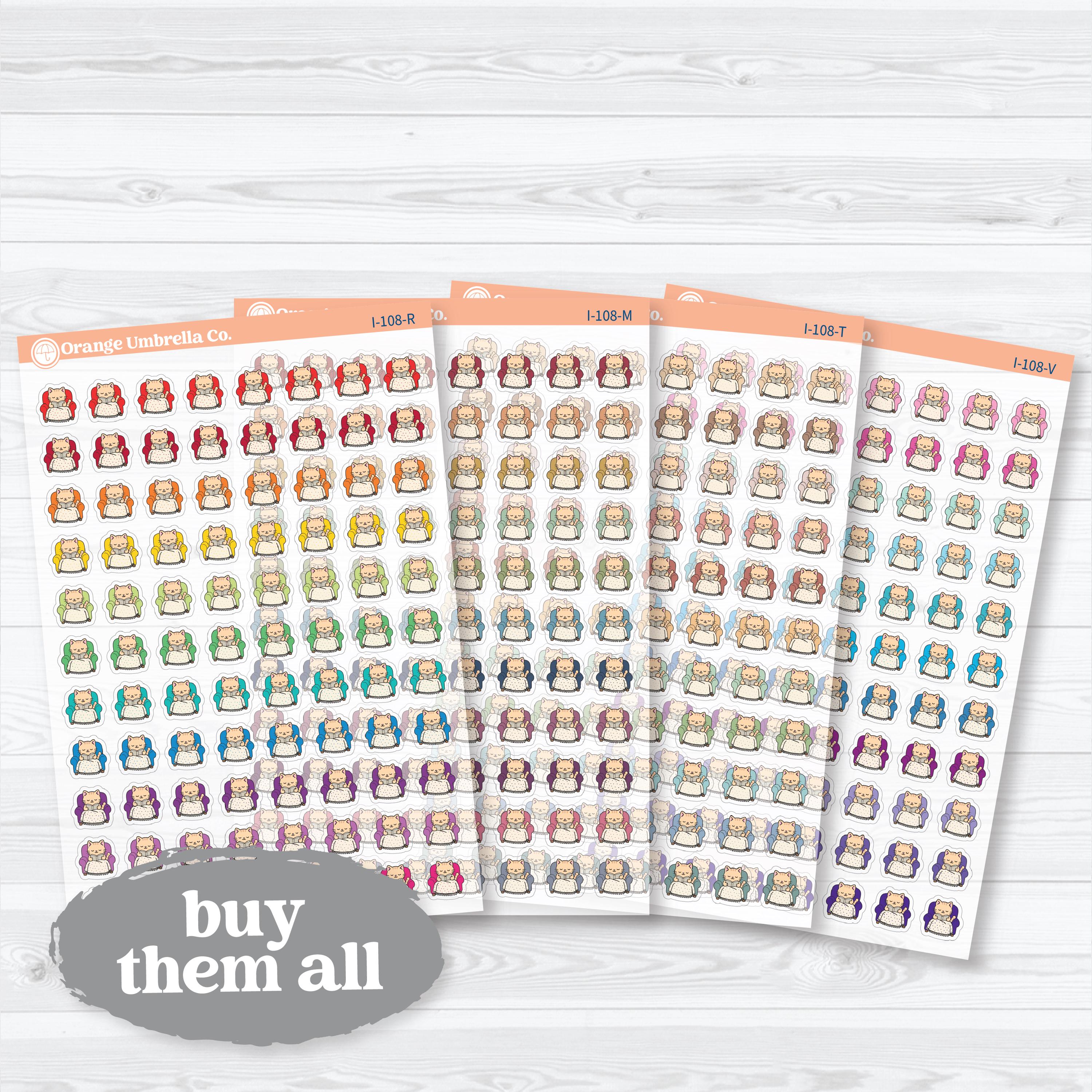 Mini Cozy Reading Spazz | Clear Matte Reading Cat Character Planner Stickers | I-108-CM