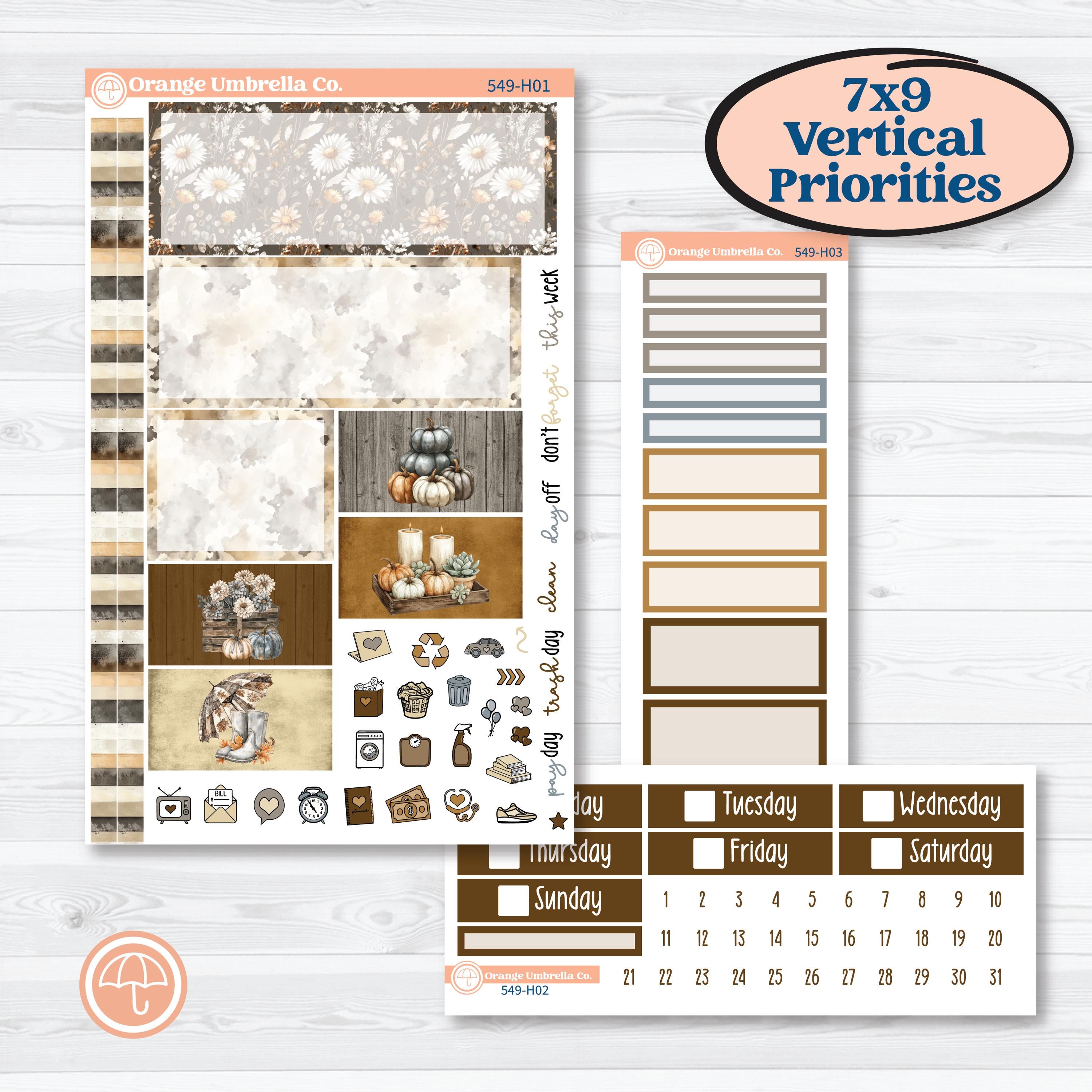 Blue Autumn Planner Kit | Plum Vertical Priorities 7x9 Planner Kit Stickers | Farmhouse Fall | KIT-549-H