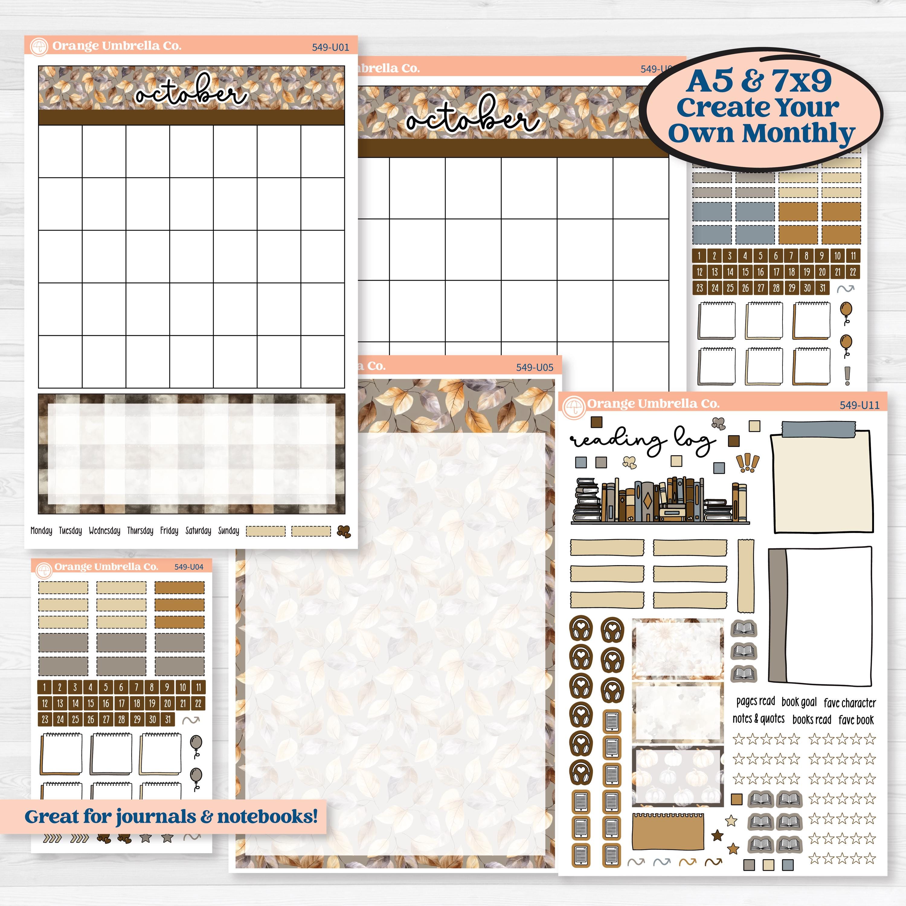Blue Autumn Planner Kit | A5 or 7x9 Create Your Own Monthly Dashboard | Universal Reading Log Sticker Kit | Farmhouse Fall | KIT-549-U