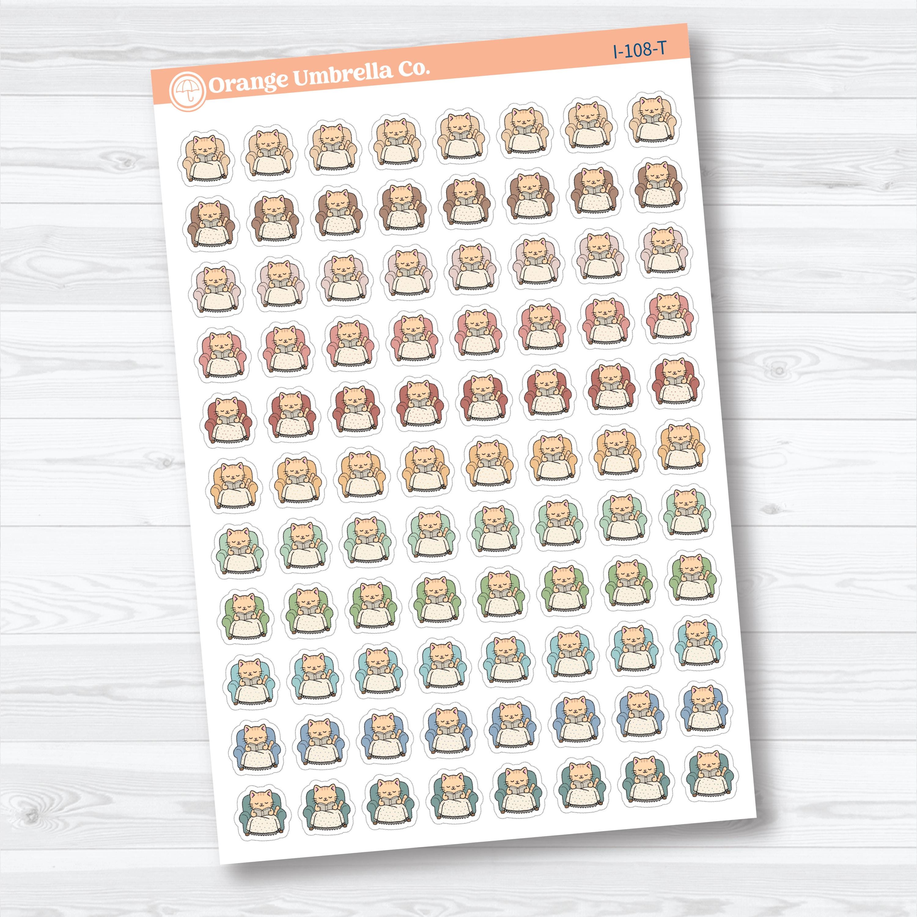 Mini Cozy Reading Spazz | Reading Cat Character Planner Stickers | I-108