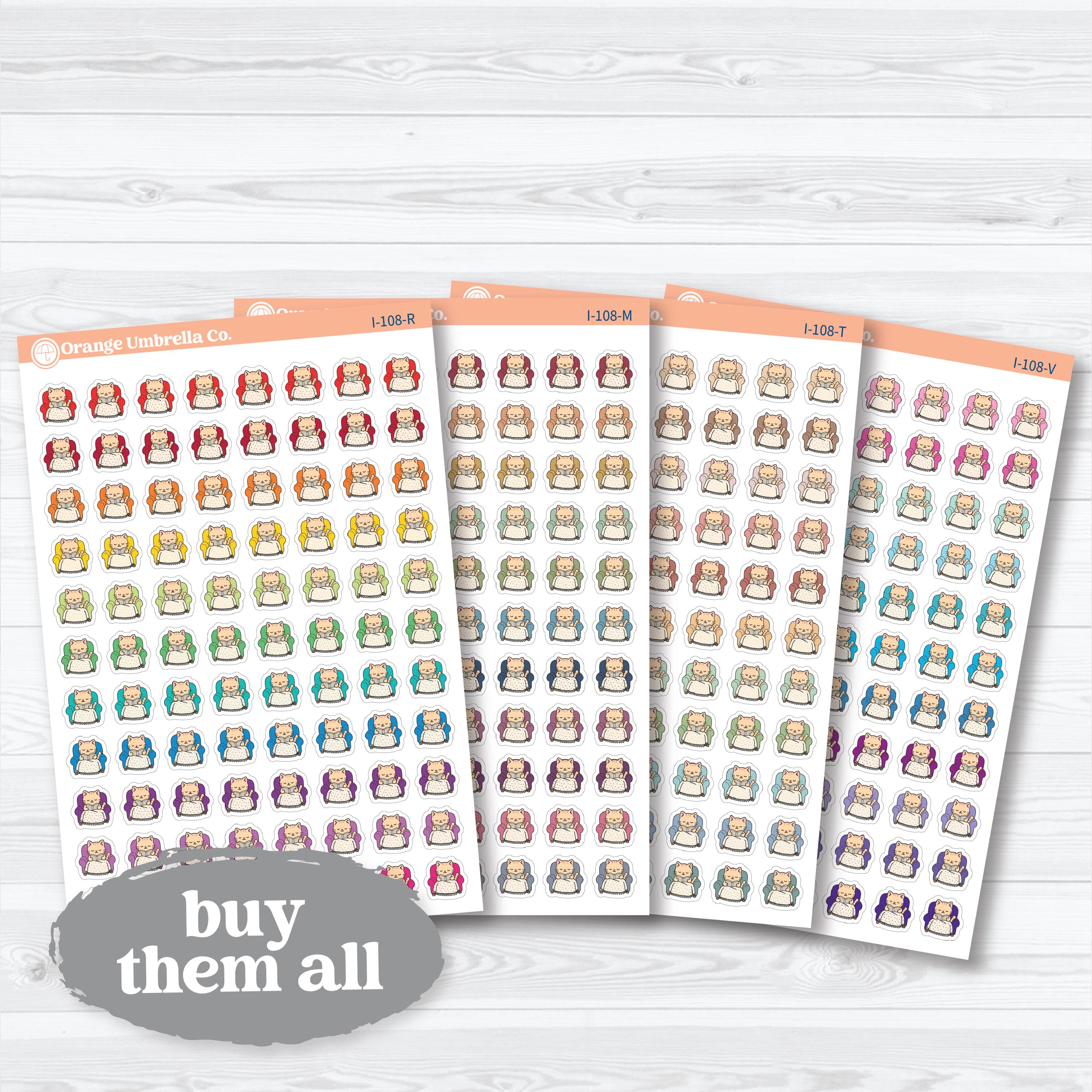 Mini Cozy Reading Spazz | Reading Cat Character Planner Stickers | I-108
