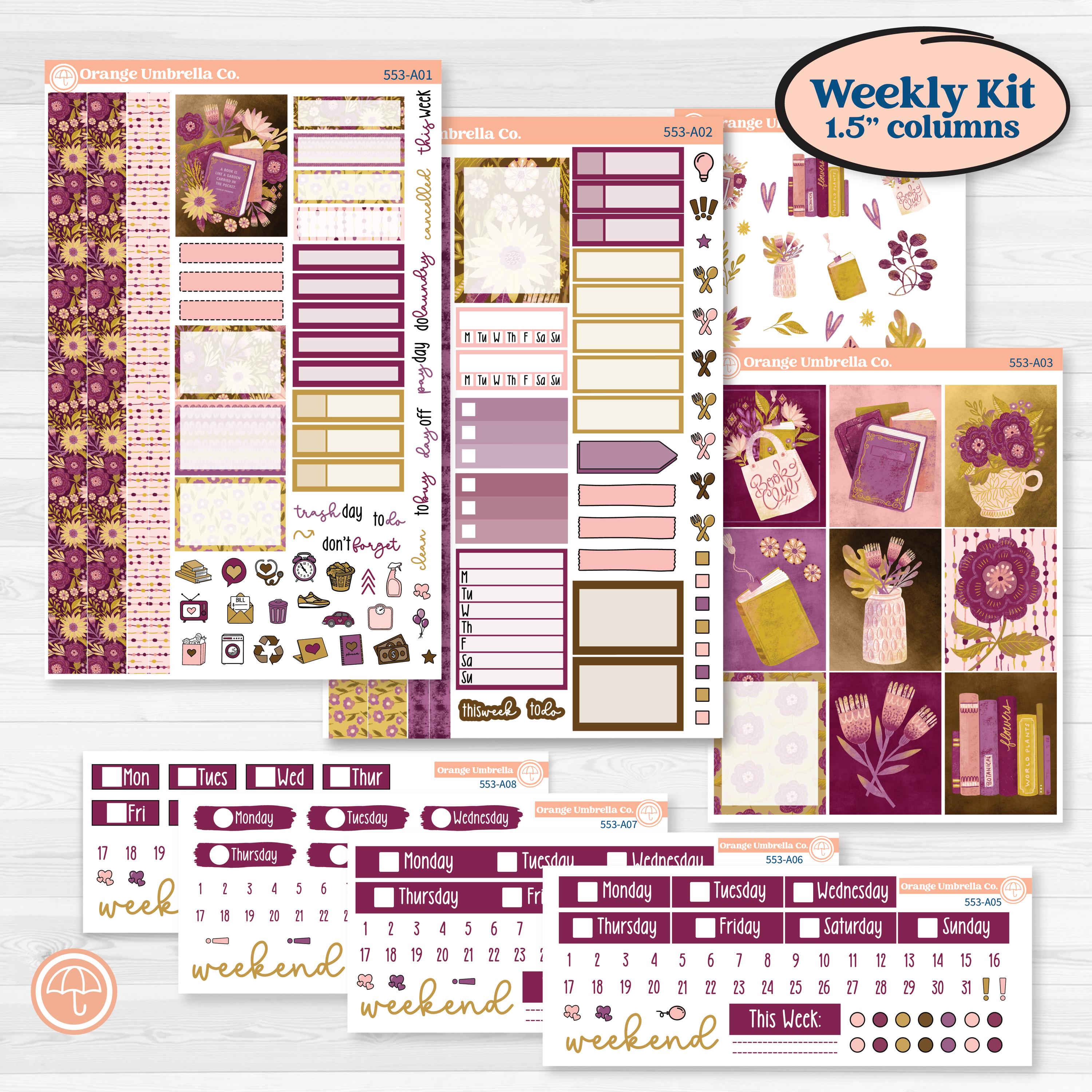 Book Planner Kit | Weekly Sticker Kit for Vertical Planners like Erin Condren | Garden Library | KIT-553-A