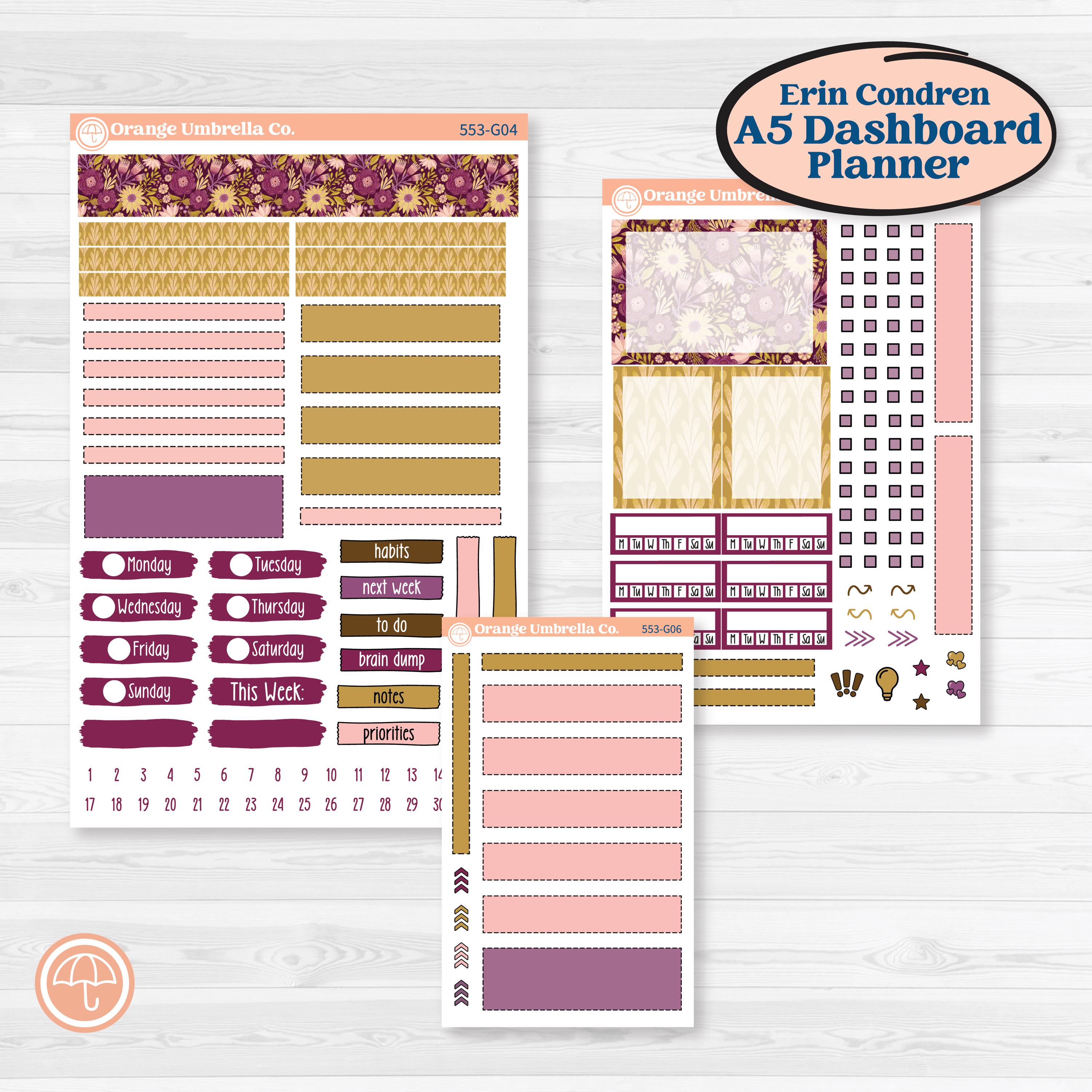 Book Planner Kit | Erin Condren A5 Weekly Dashboard Planner Kit Stickers | Garden Library | KIT-553-G4