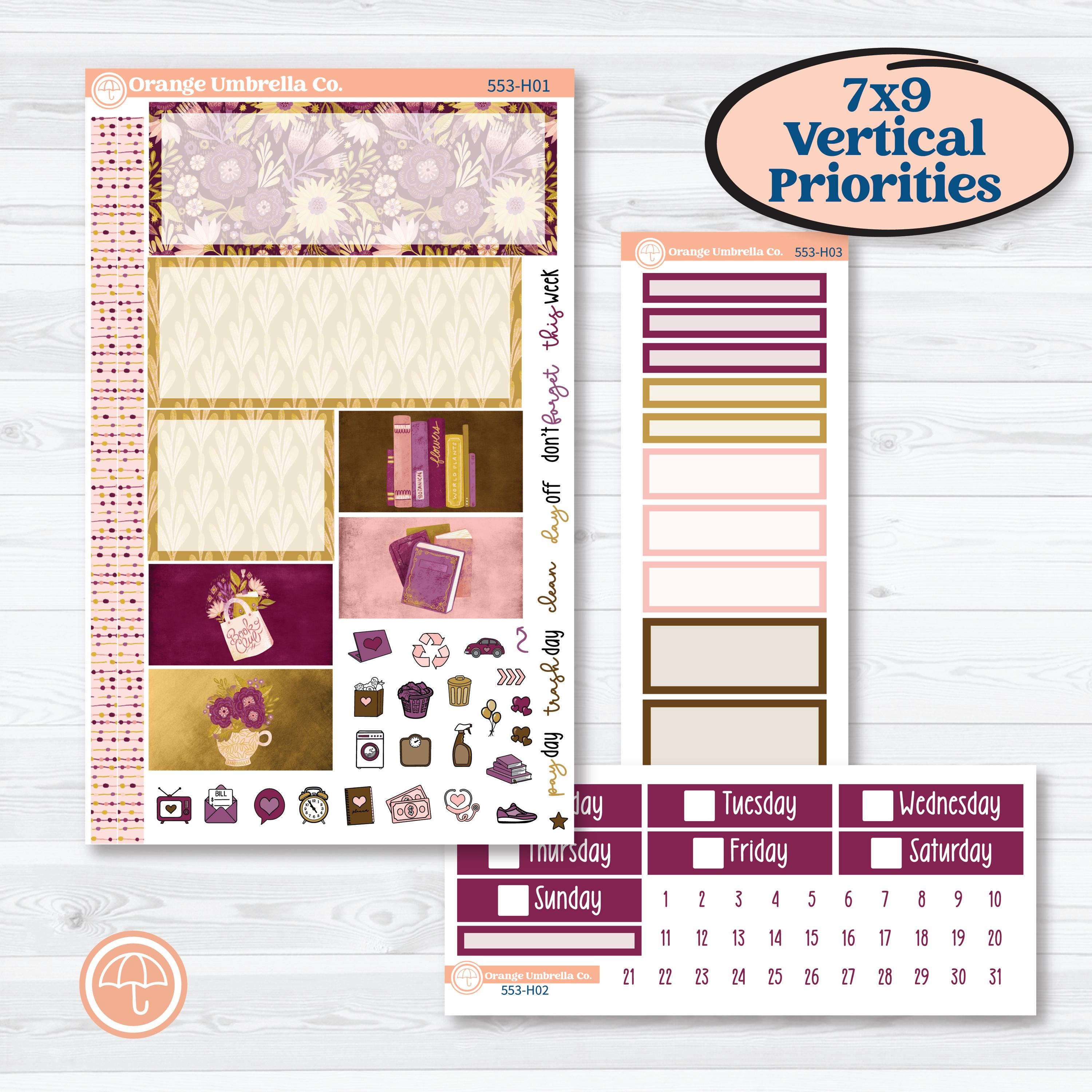 Book Planner Kit | Plum Vertical Priorities 7x9 Planner Kit Stickers | Garden Library | KIT-553-H