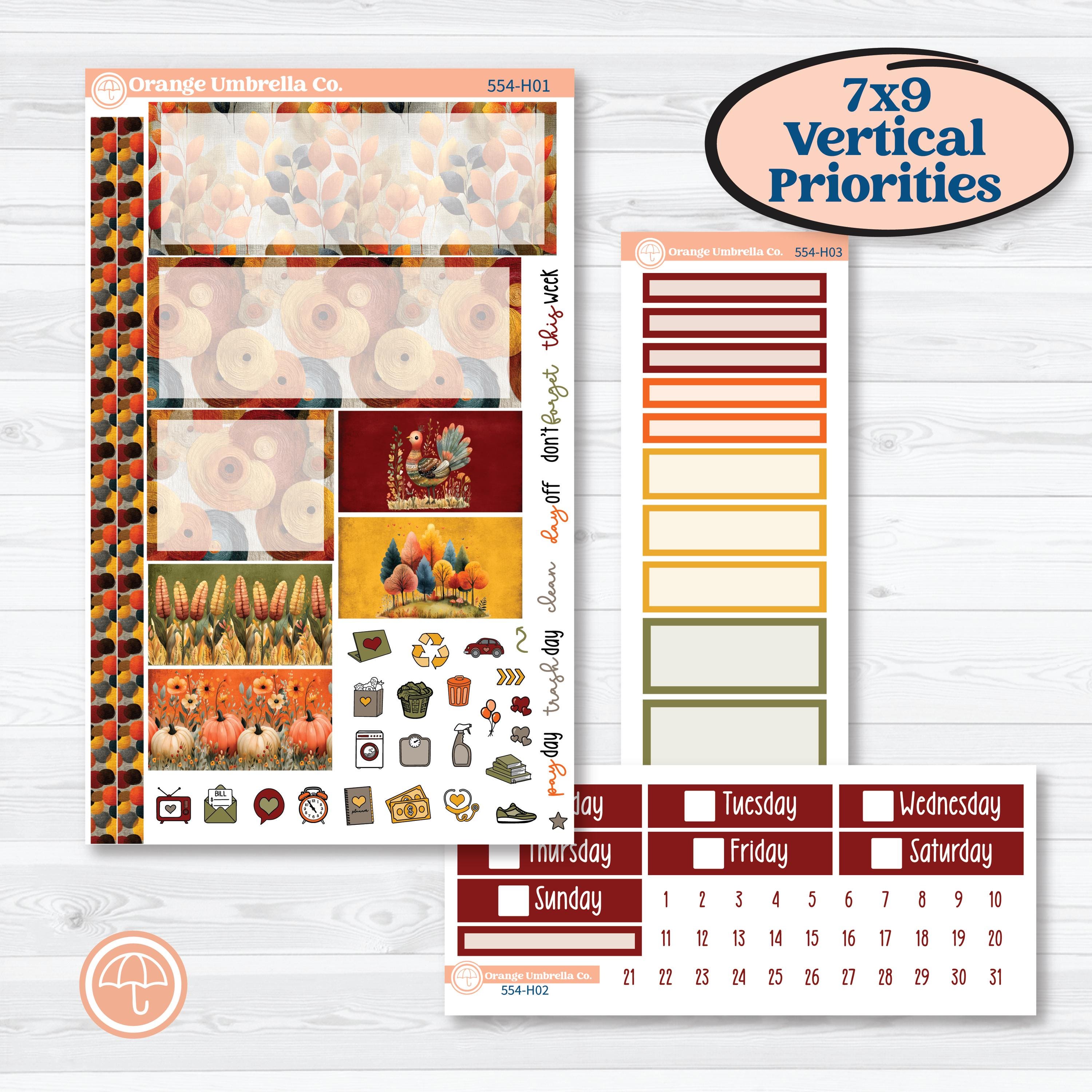 Thanksgiving Planner Kit | Plum Vertical Priorities 7x9 Planner Kit Stickers | Gather In Gratitude | KIT-554-H
