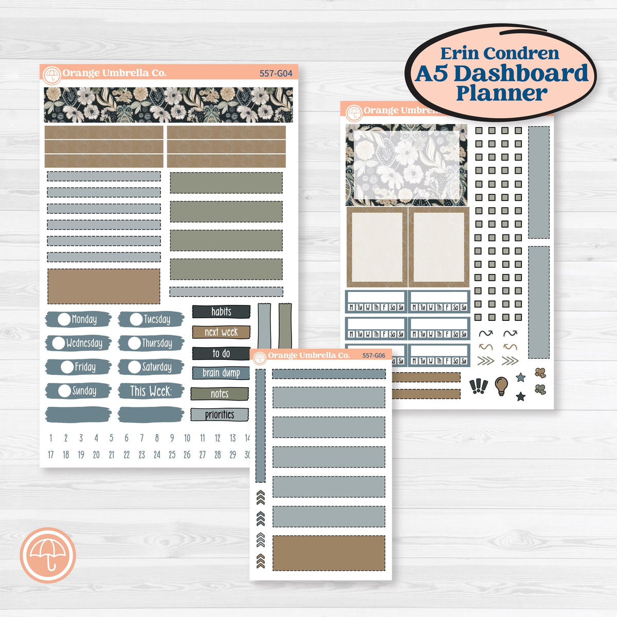 Blue Floral Kit | Erin Condren A5 Weekly Dashboard Planner Kit Stickers | Sagebrush & Ice | KIT-557-G4