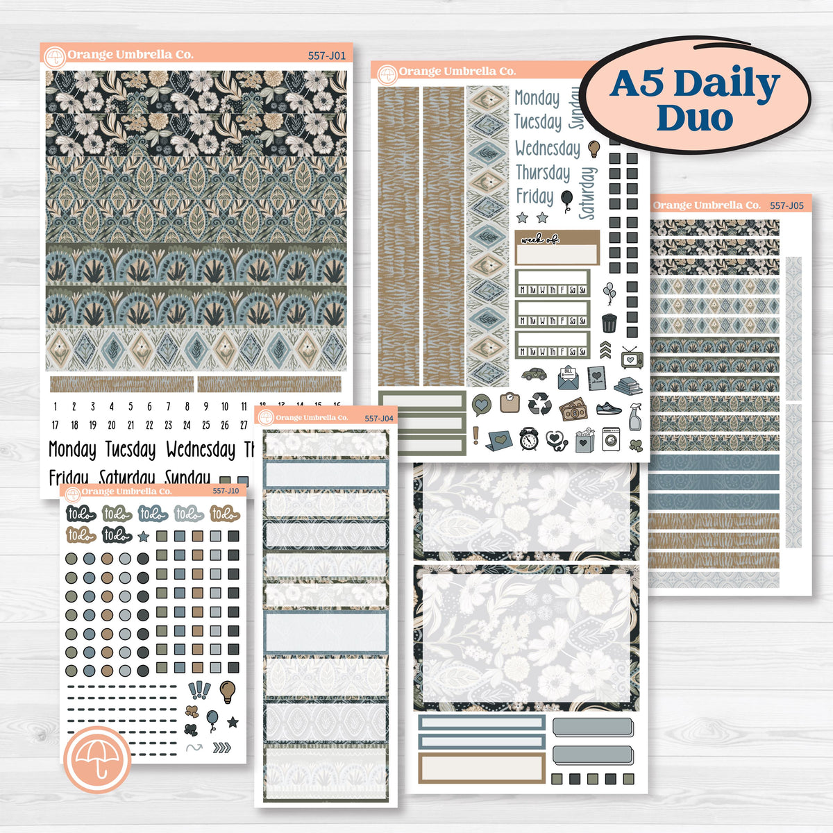Blue Floral Kit | A5 Daily Duo Planner Kit Stickers | Sagebrush & Ice | KIT-557-J