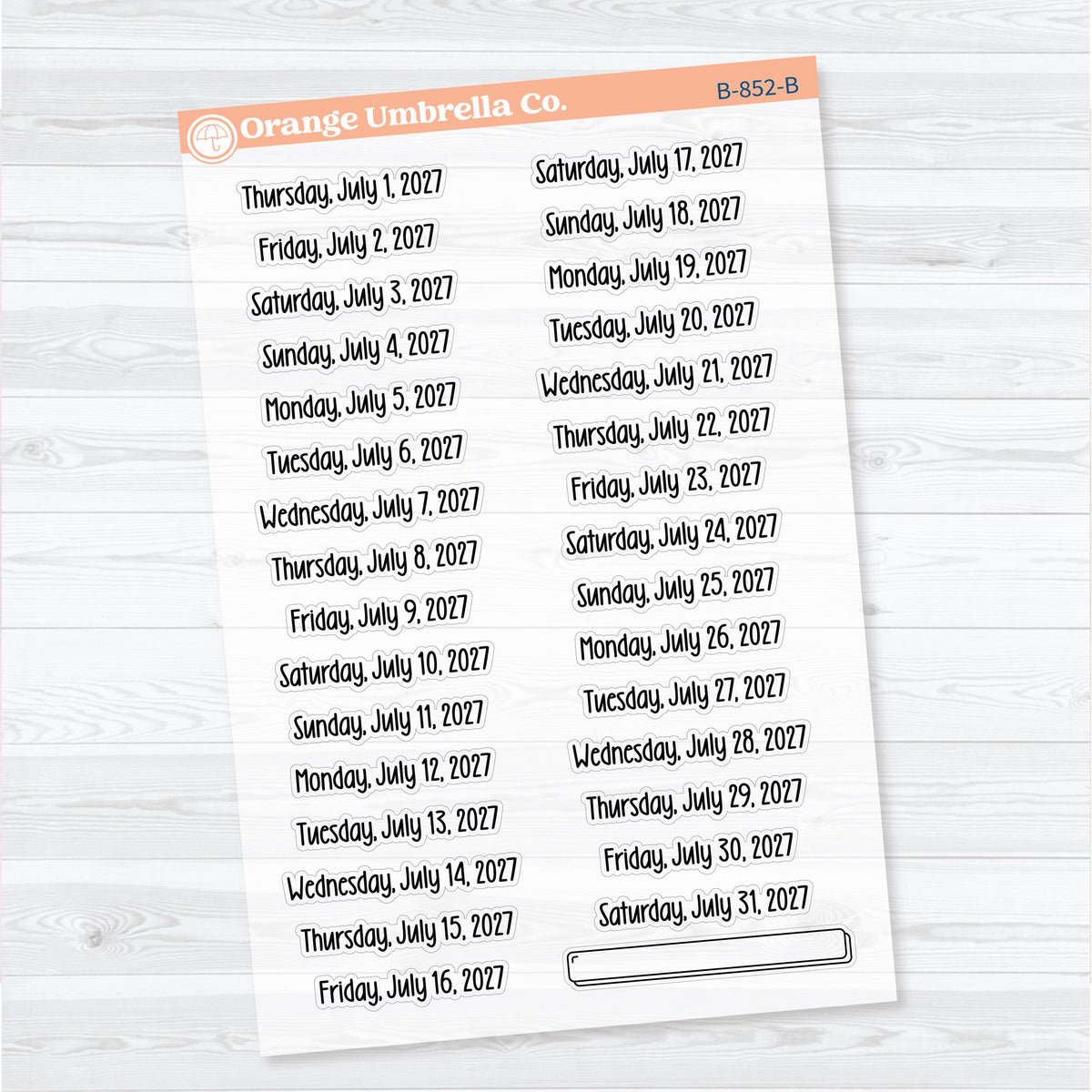 July–December 2027 Dates of the Month | Clear Matte Calendar Planner Stickers | B-852-857-CM