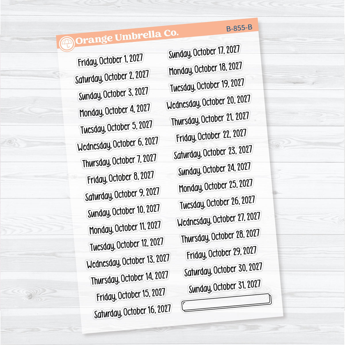 July–December 2027 Dates of the Month | Clear Matte Calendar Planner Stickers | B-852-857-CM
