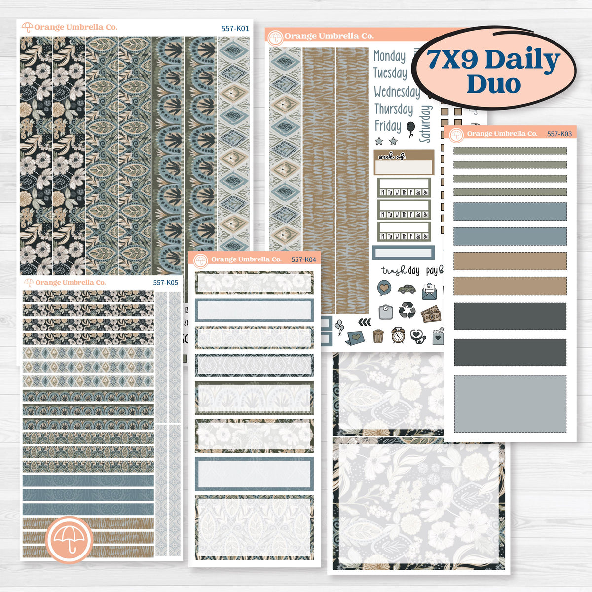 Blue Floral Kit | 7x9 Erin Condren Daily Duo Planner Kit Stickers | Sagebrush & Ice | KIT-557-K