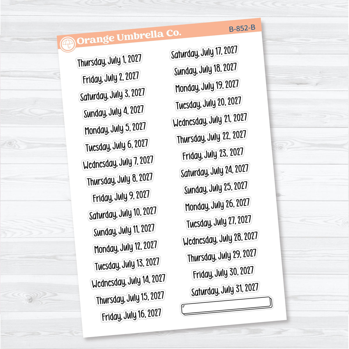 July–December 2027 Dates of the Month | Calendar Planner Stickers | B-852-857