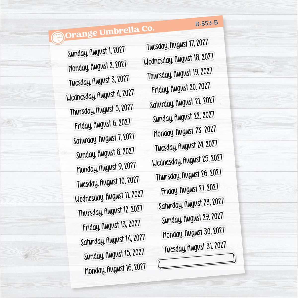 July–December 2027 Dates of the Month | Clear Matte Calendar Planner Stickers | B-852-857-CM