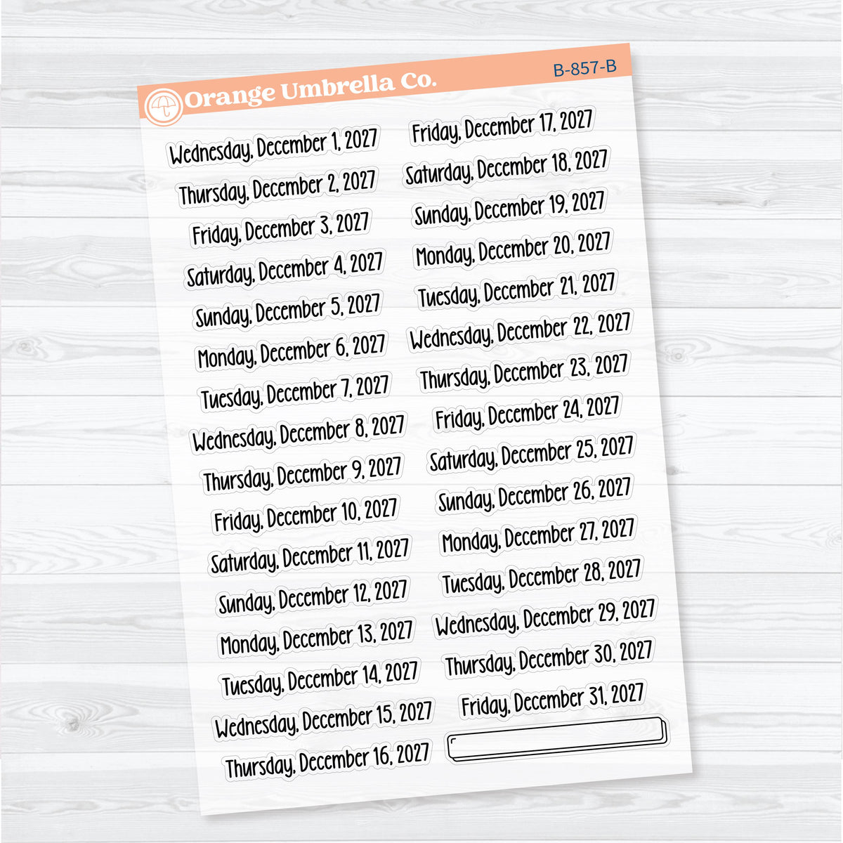 July–December 2027 Dates of the Month | Clear Matte Calendar Planner Stickers | B-852-857-CM
