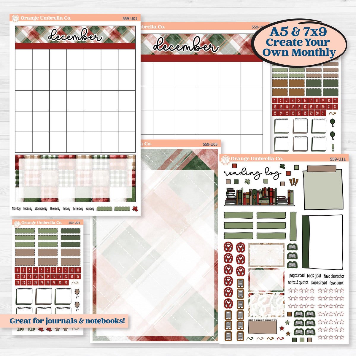 Vintage Christmas | A5 or 7x9 Create Your Own Monthly Dashboard Universal | Reading Log Sticker Kit | Christmas Village | KIT-559-U