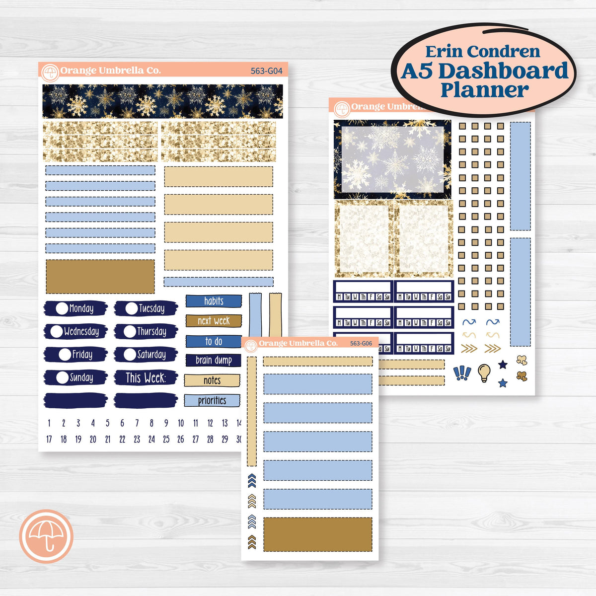 Blue and Gold Christmas Planner Kit | Erin Condren A5 Weekly Dashboard Stickers | Twas The Night | KIT-563-G4