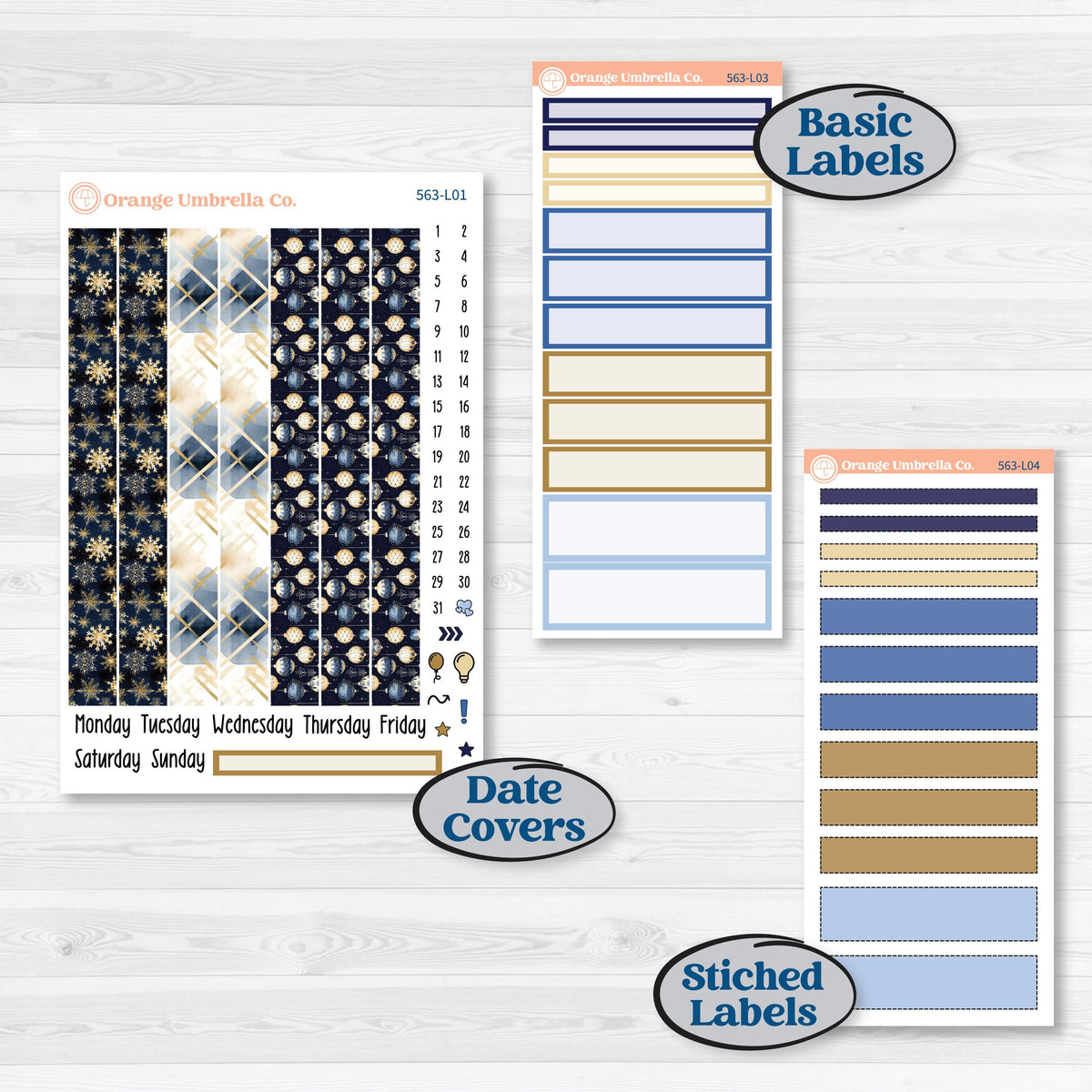 Blue and Gold Christmas Planner Kit | 7x9 Plum Daily Stickers | Twas The Night | KIT-563-L