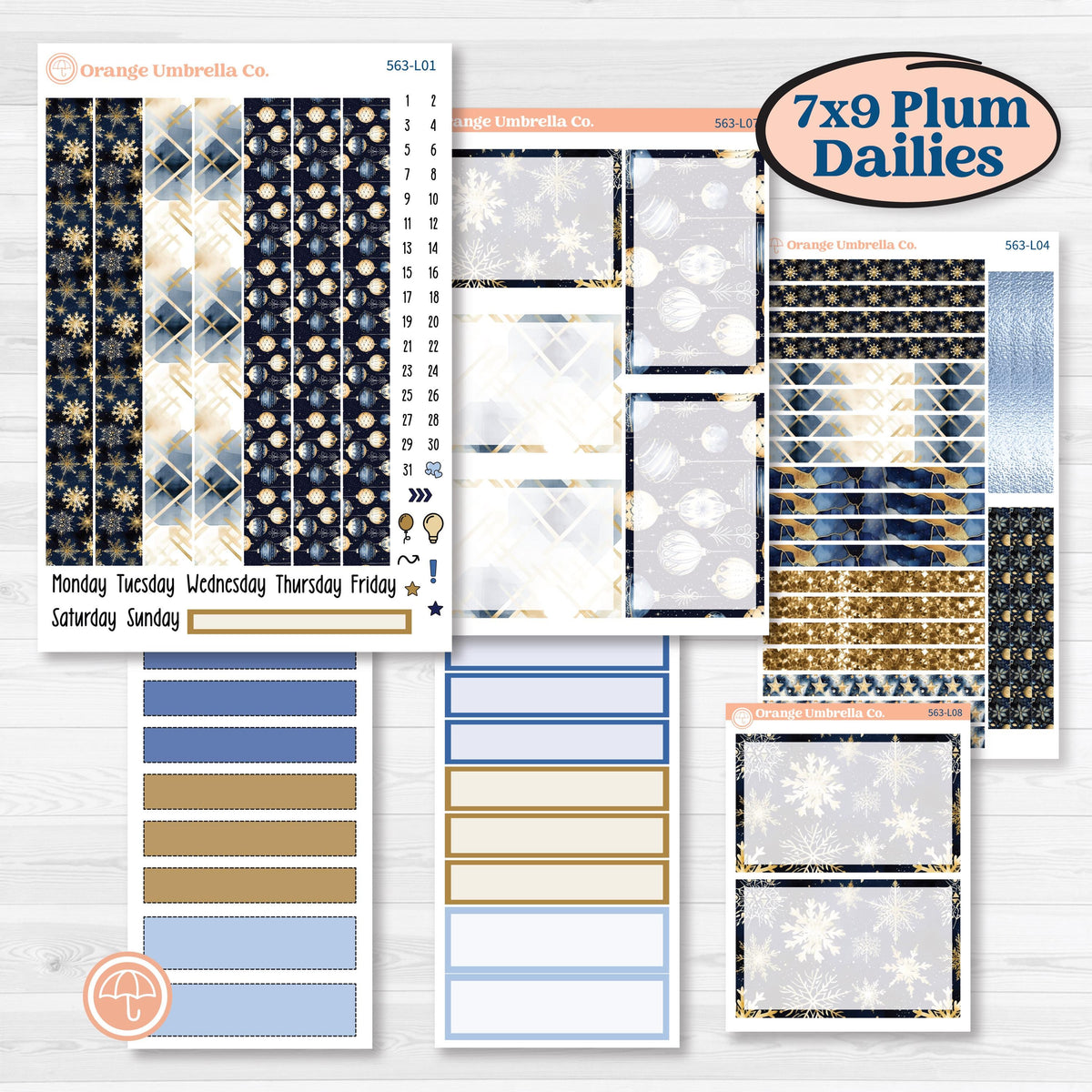 Blue and Gold Christmas Planner Kit | 7x9 Plum Daily Stickers | Twas The Night | KIT-563-L