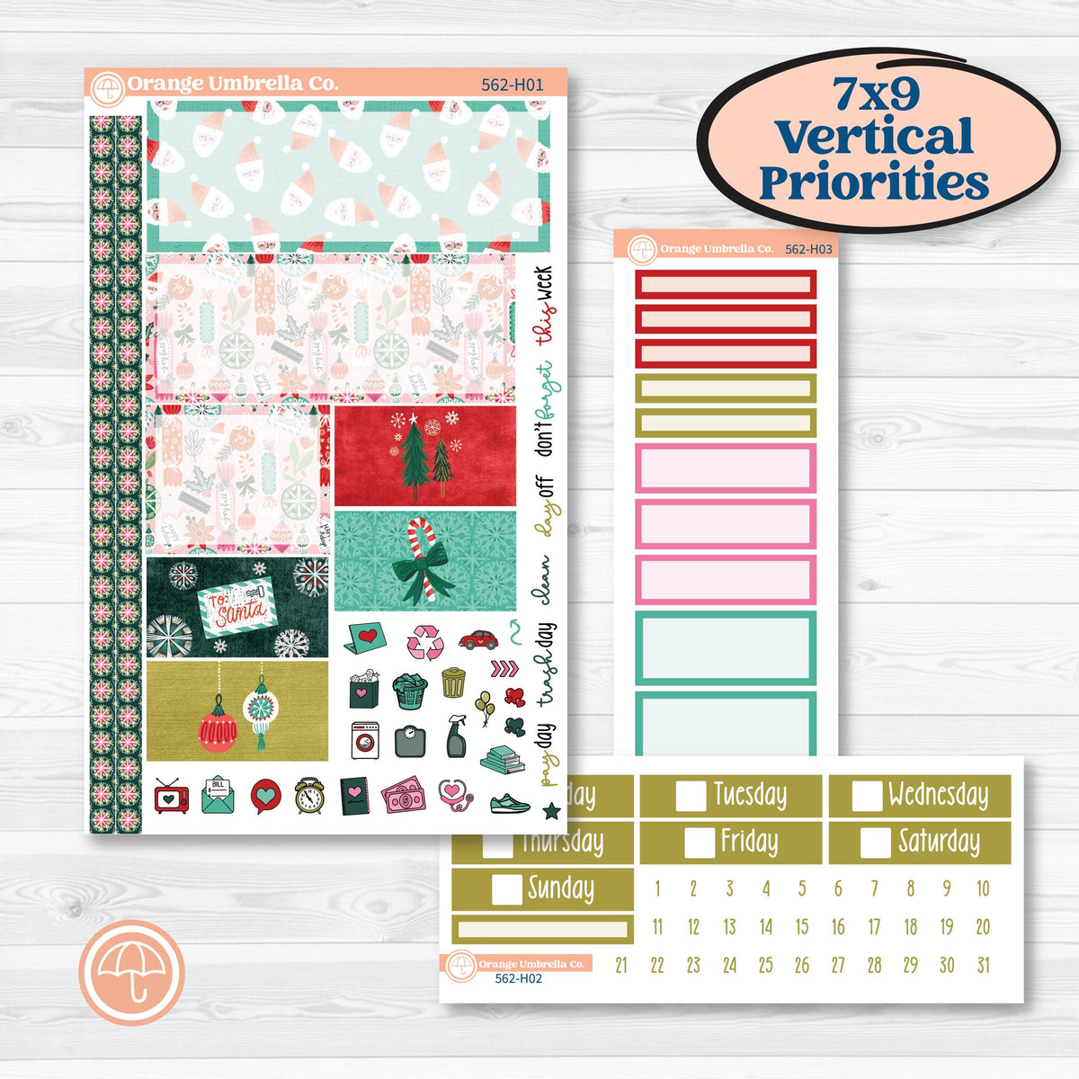 Retro Christmas Planner Kit | Plum Vertical Priorities 7x9 Planner Kit Stickers | All Is Bright | KIT-562-H