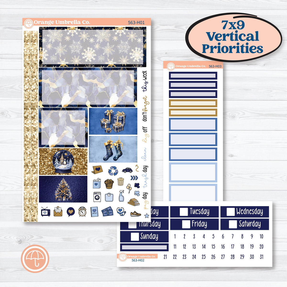 Blue and Gold Christmas Planner Kit | Plum Vertical Priorities 7x9 Stickers | Twas The Night | KIT-563-H