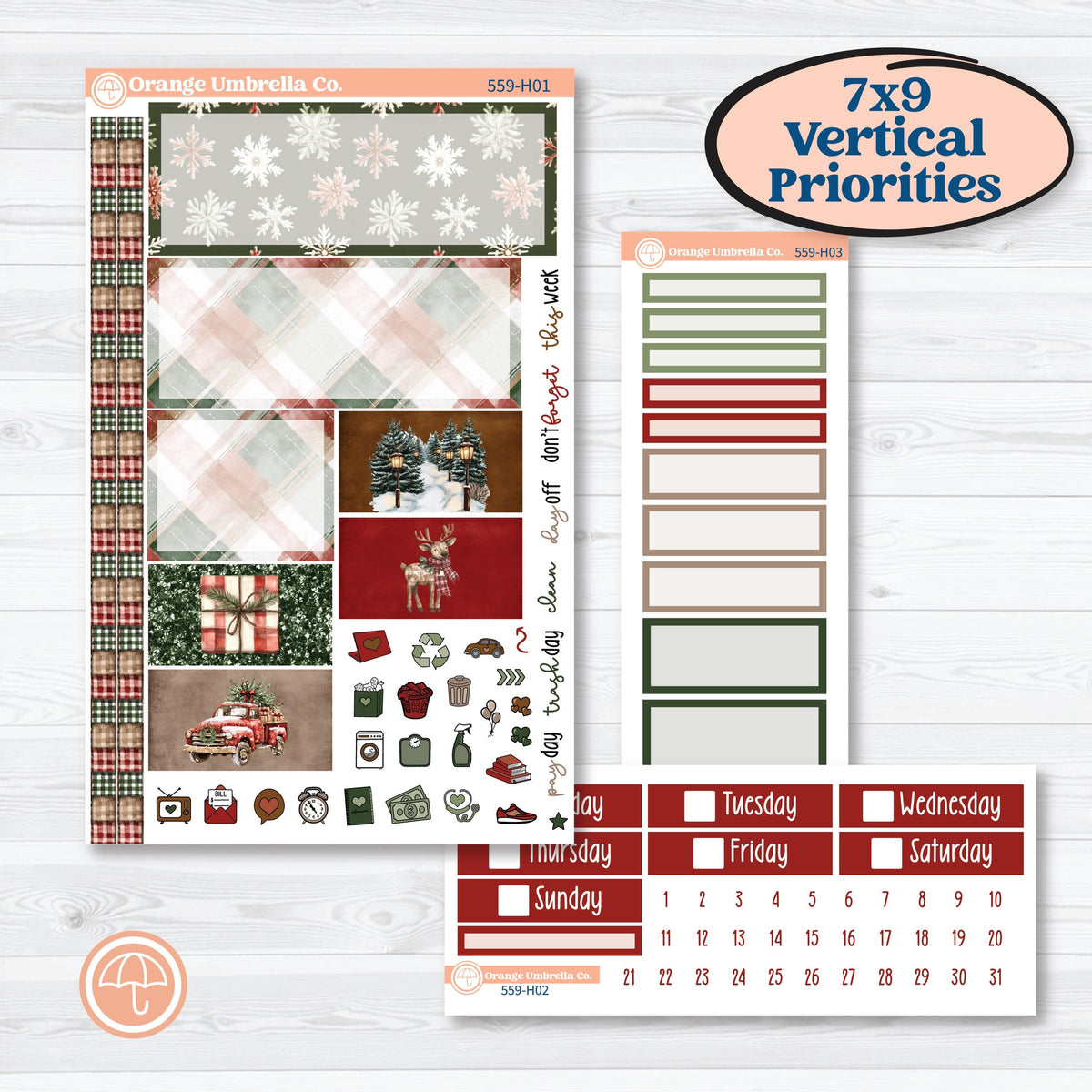 Vintage Christmas Planner Kit | Plum Vertical Priorities 7x9 Planner Kit Stickers | Christmas Village | KIT-559-H