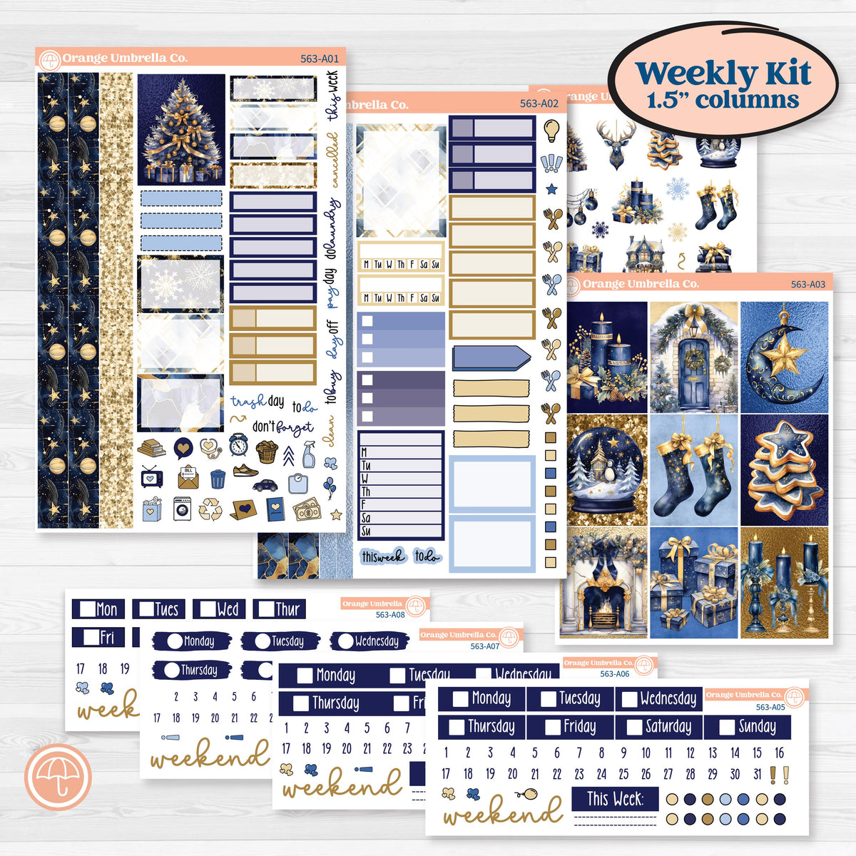 Blue and Gold Christmas Planner Kit | Weekly Sticker Kit for Vertical Planners like Erin Condren | Twas The Night | KIT-563-A