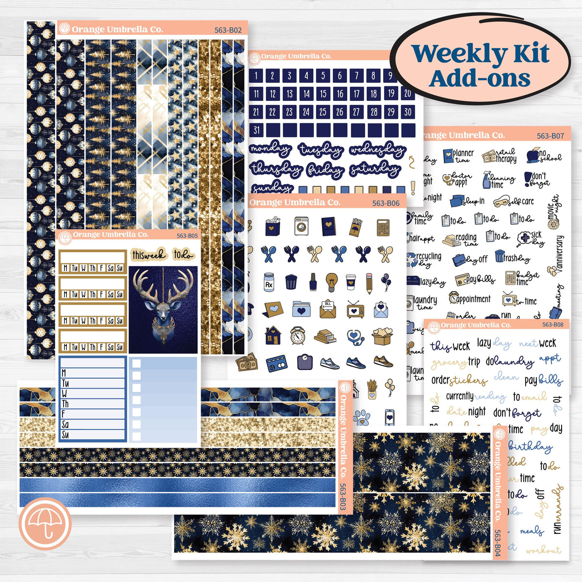 Blue and Gold Christmas Planner Kit | Weekly Add-On Planner Kit Stickers | Twas The Night | KIT-563-B