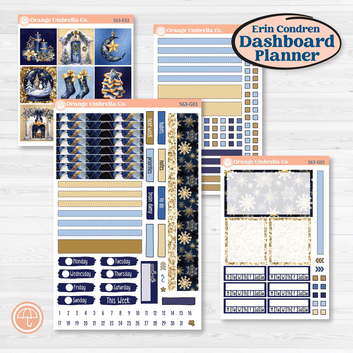 Blue and Gold Christmas Planner Kit | Erin Condren 7x9 Weekly Dashboard Stickers | Twas The Night | KIT-563-G