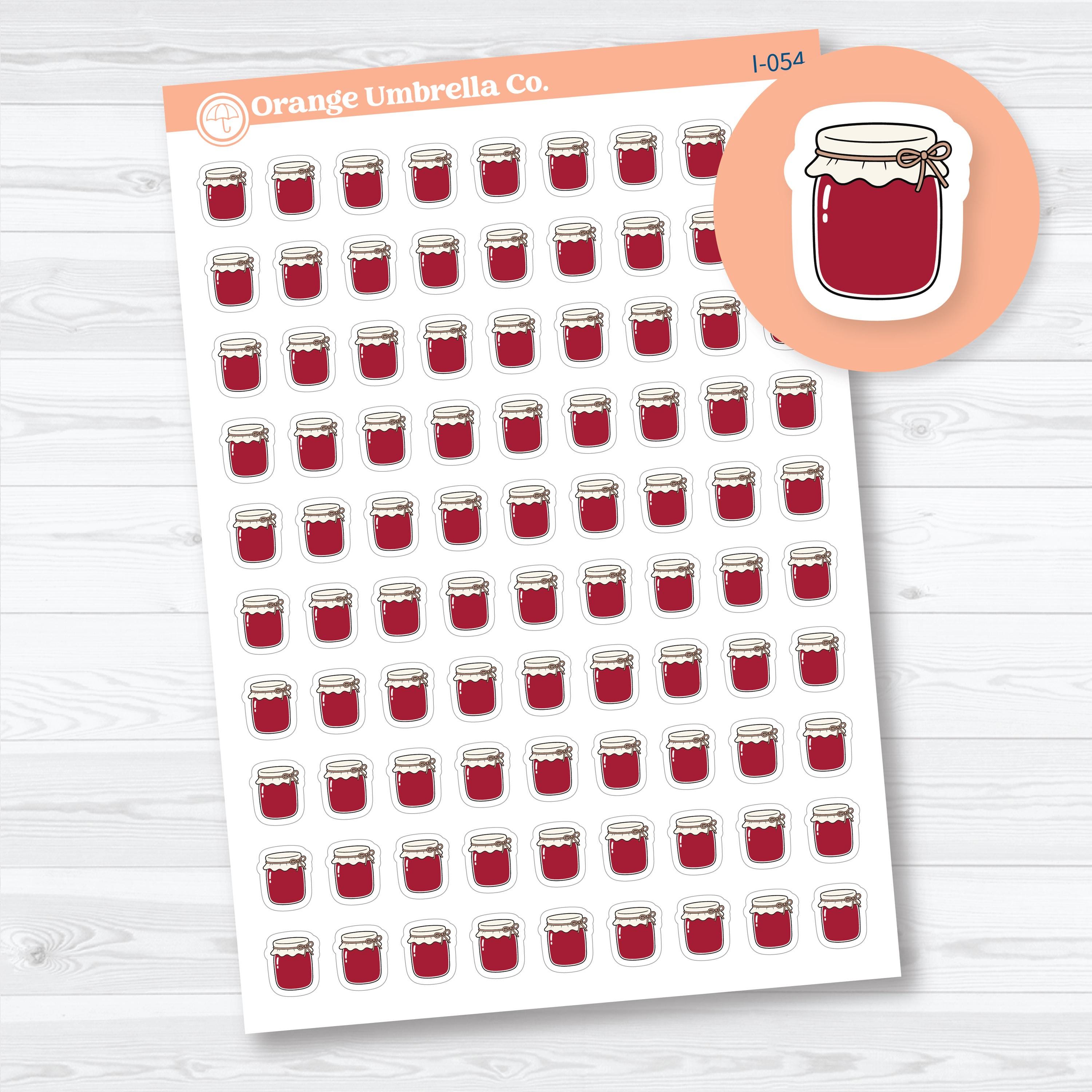 Mini jam jar planner icon stickers for tracking canning, homemade preserves, pantry projects, meal planning, farmers markets, and kitchen tasks on removable white matte sticker paper.
