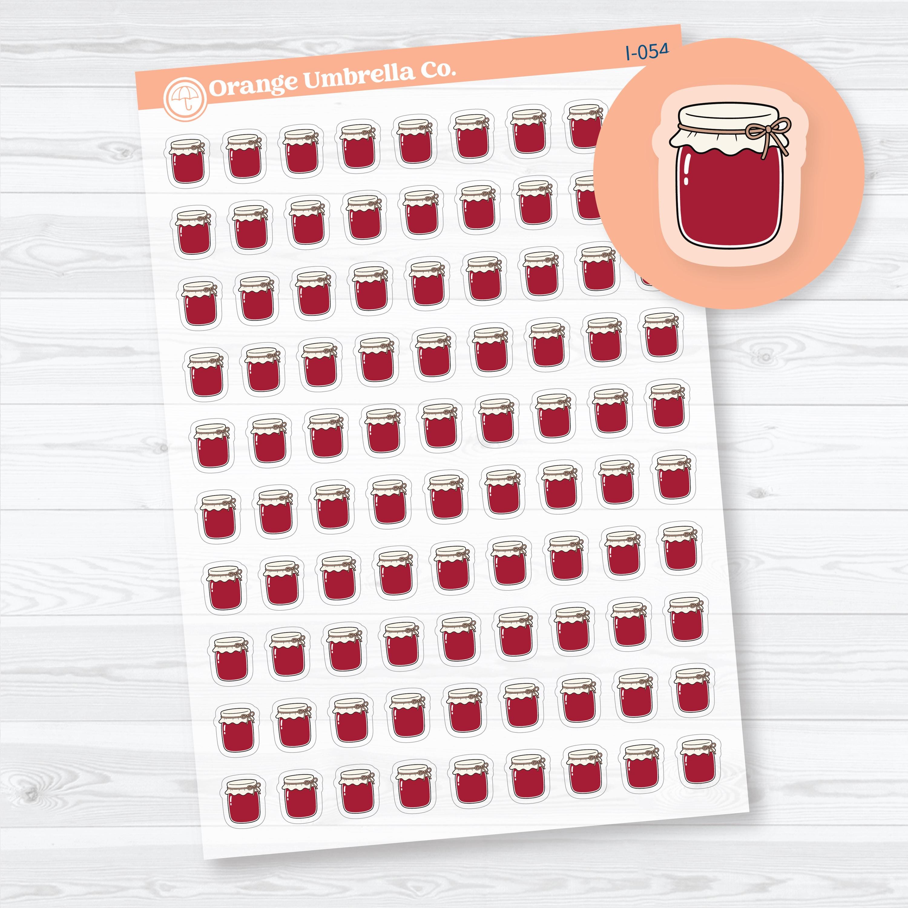 Mini jam jar planner icon stickers for tracking canning, homemade preserves, pantry projects, meal planning, farmers markets, and kitchen tasks on clear matte sticker paper.