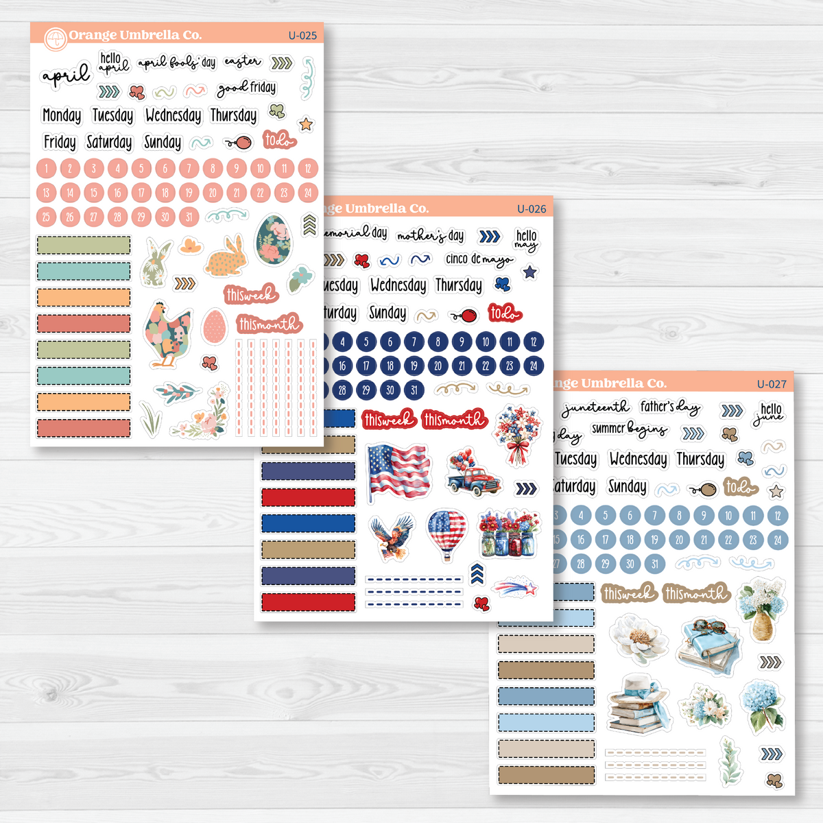 April through June Universal Journal Kit sticker sheets included in the twelve-sheet yearly bundle, with monthly headings, date dots, blank labels, and seasonal decorative accents.