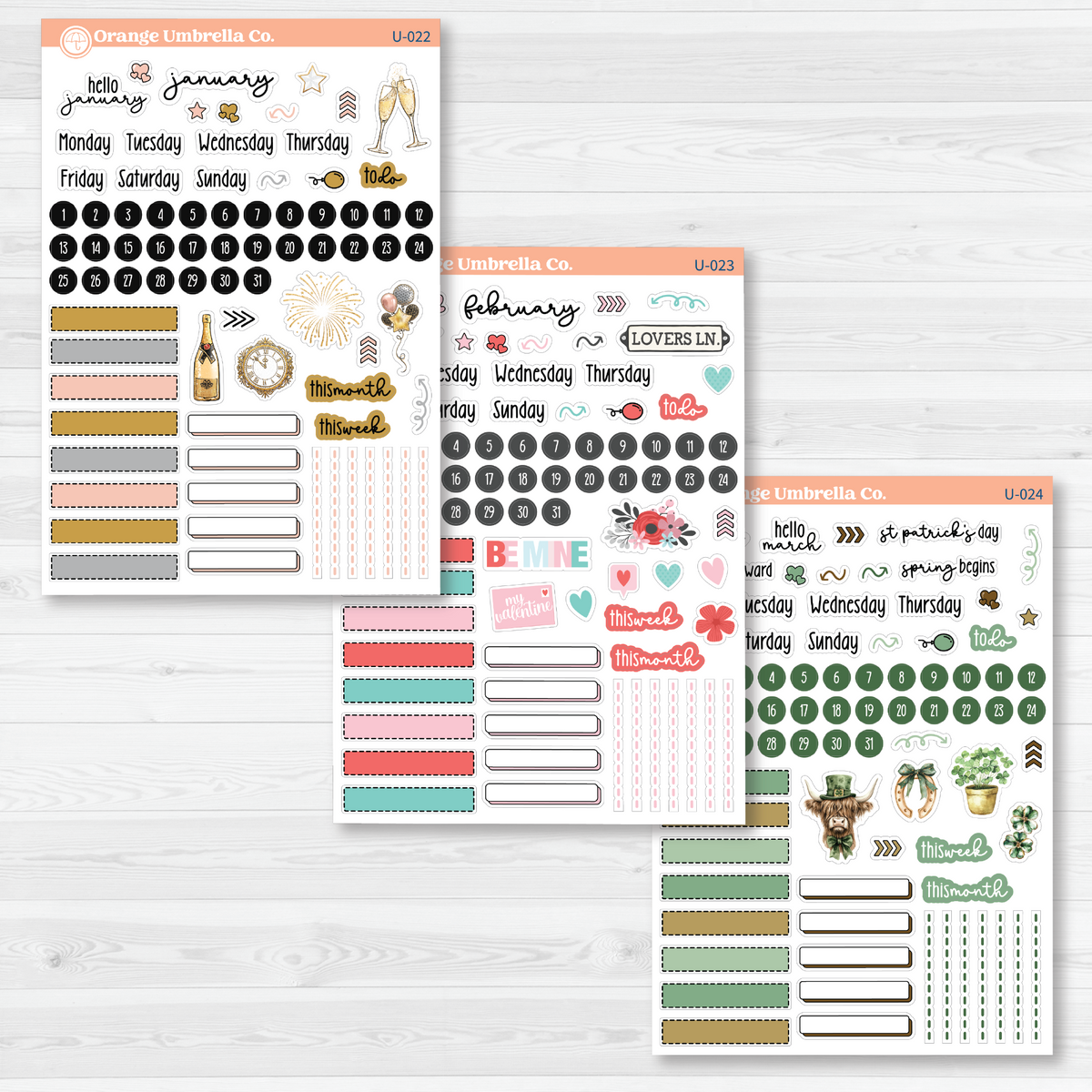 January through March Universal Journal Kit sticker sheets included in the twelve-sheet yearly bundle, with monthly headings, date dots, blank labels, and seasonal decorative accents.