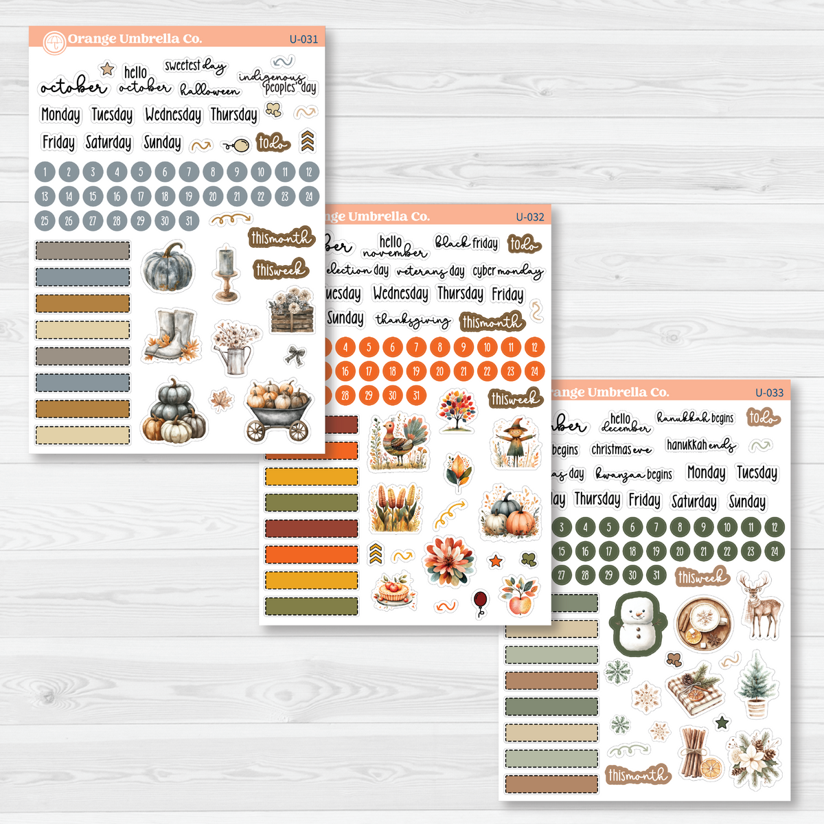 October through December Universal Journal Kit sticker sheets included in the twelve-sheet yearly bundle, with monthly headings, date dots, blank labels, and seasonal decorative accents.