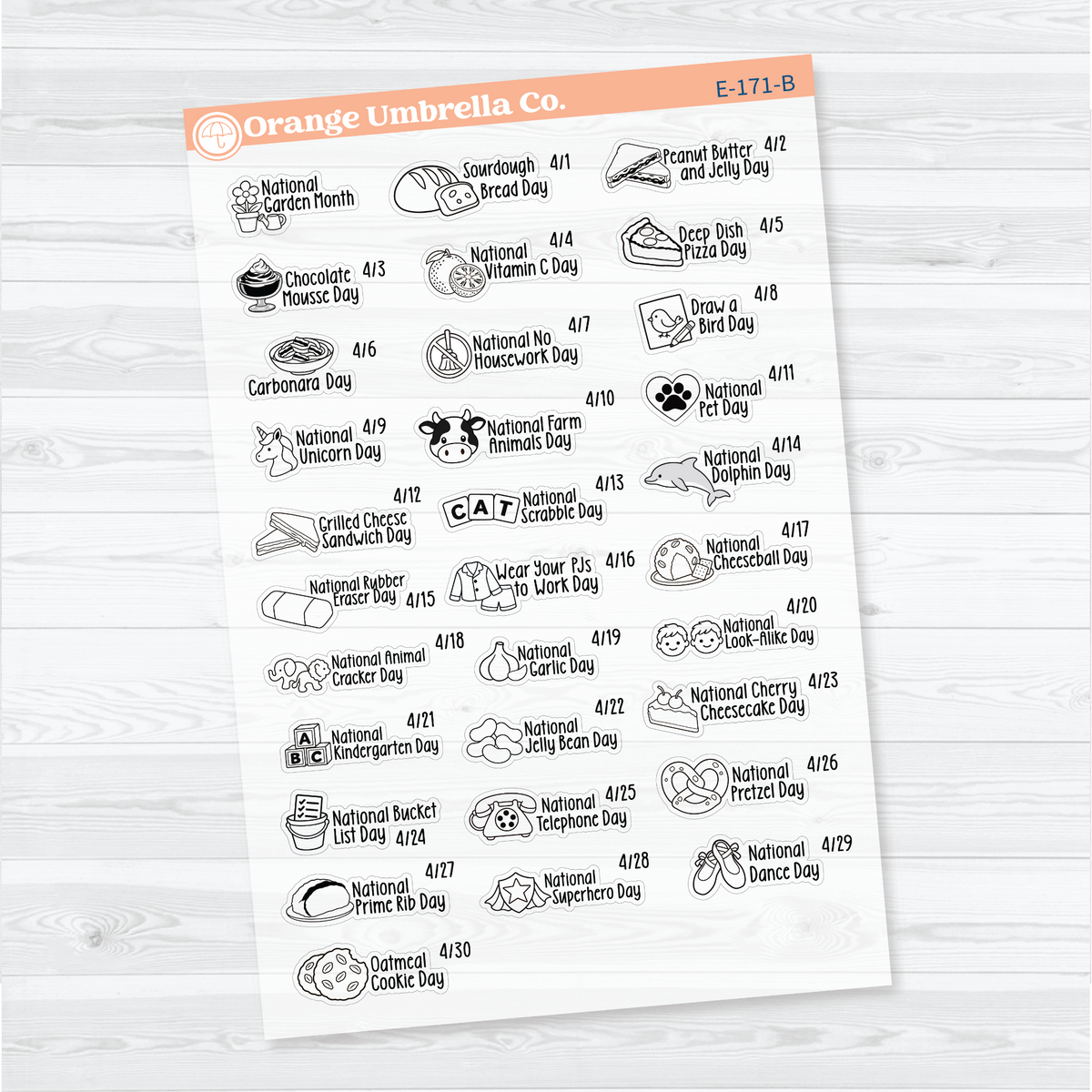 April F18 wacky holiday sticker sheets with black outline illustrations, holiday names, and dates on clear matte paper.